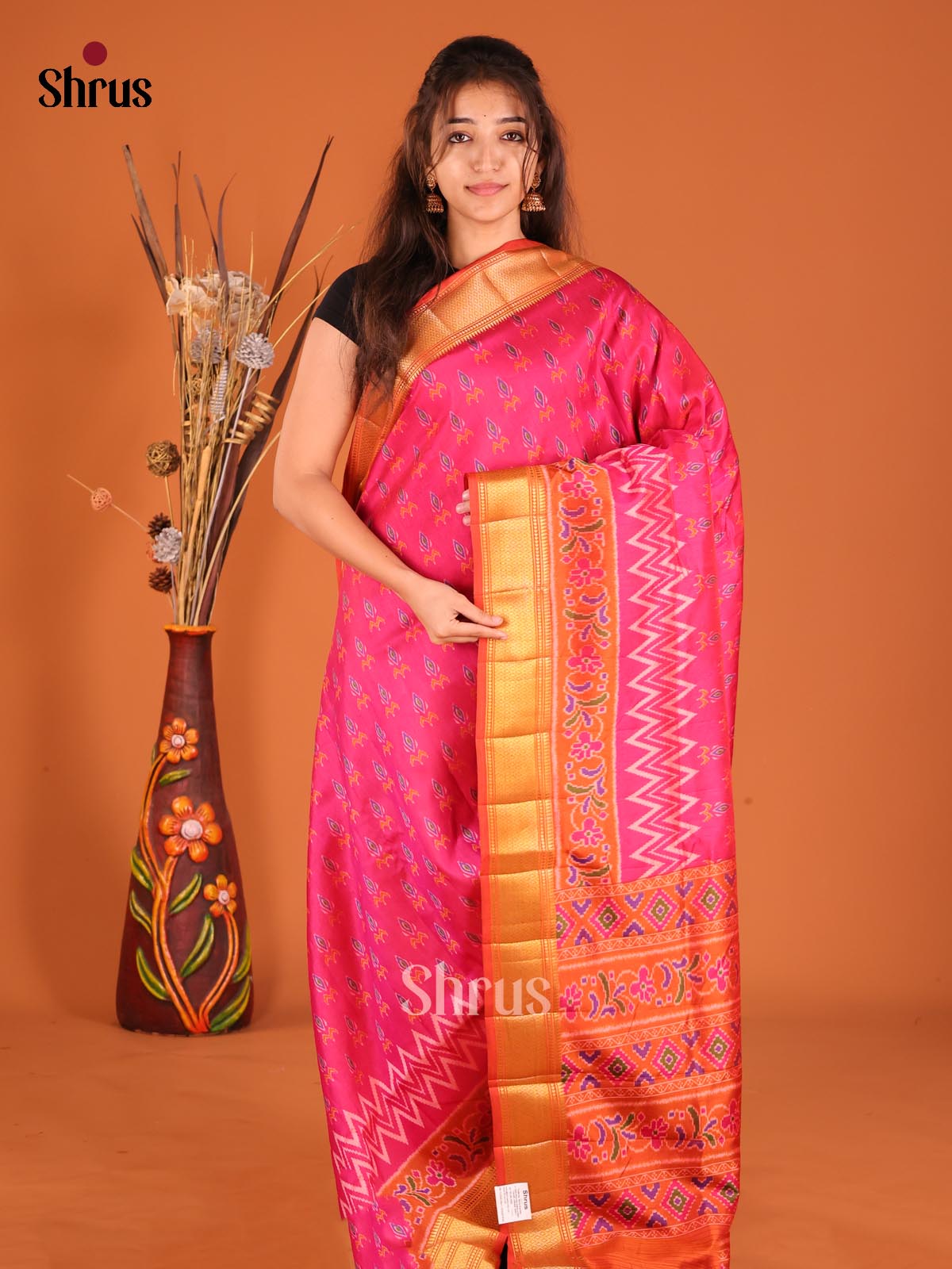 Pink & Orange - Semi Patola Saree - Shop on Shrus.com