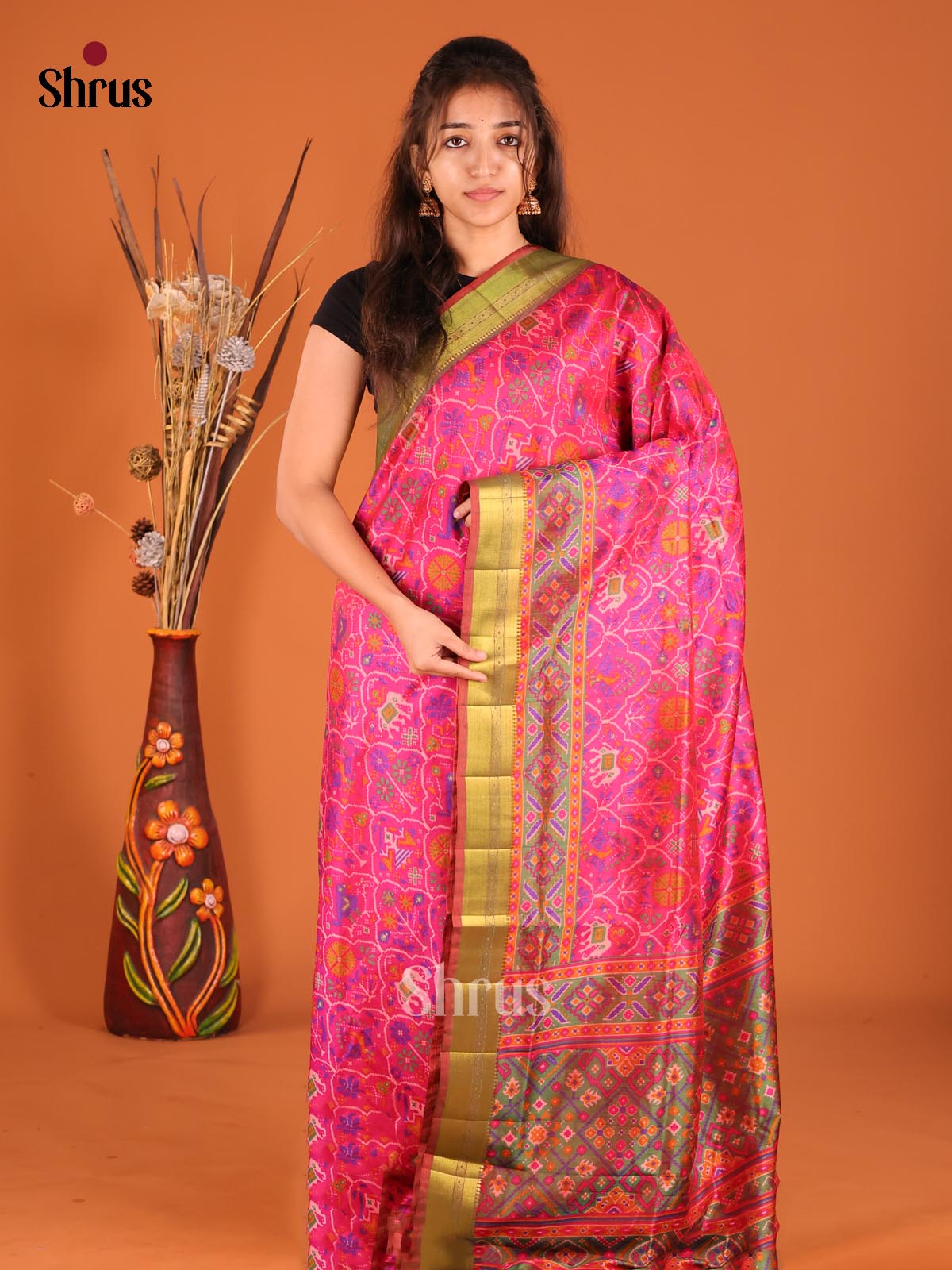 Pink & army Green- Semi Patola Saree - Shop on Shrus.com