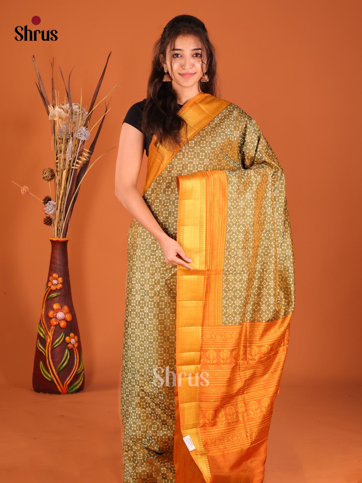 Green & Mustard - Semi Patola Saree - Shop on Shrus.com
