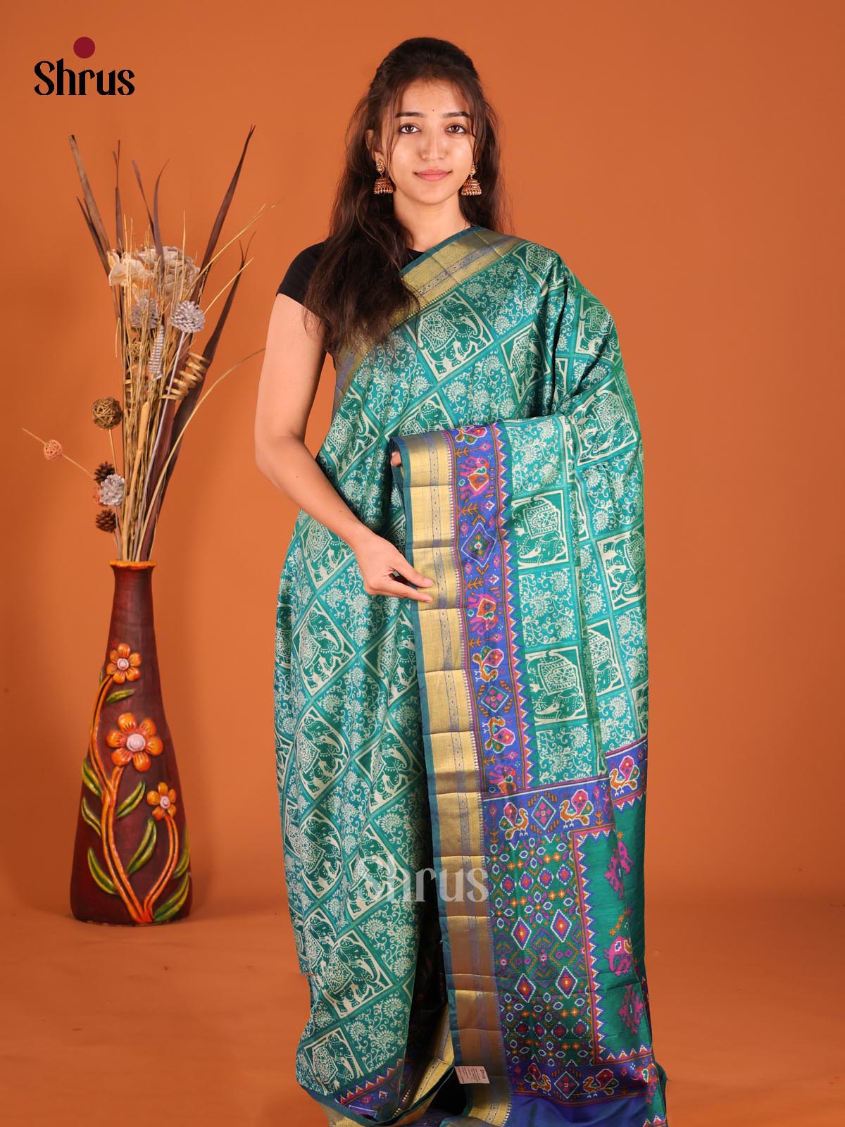 Green & Blue - Semi Patola Saree - Shop on Shrus.com
