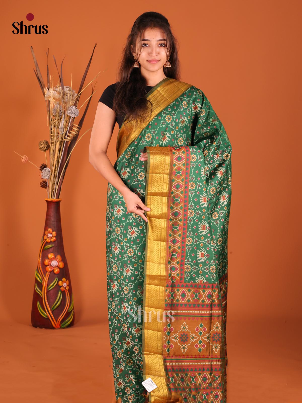 Green & Mustard - Semi Patola Saree - Shop on Shrus.com