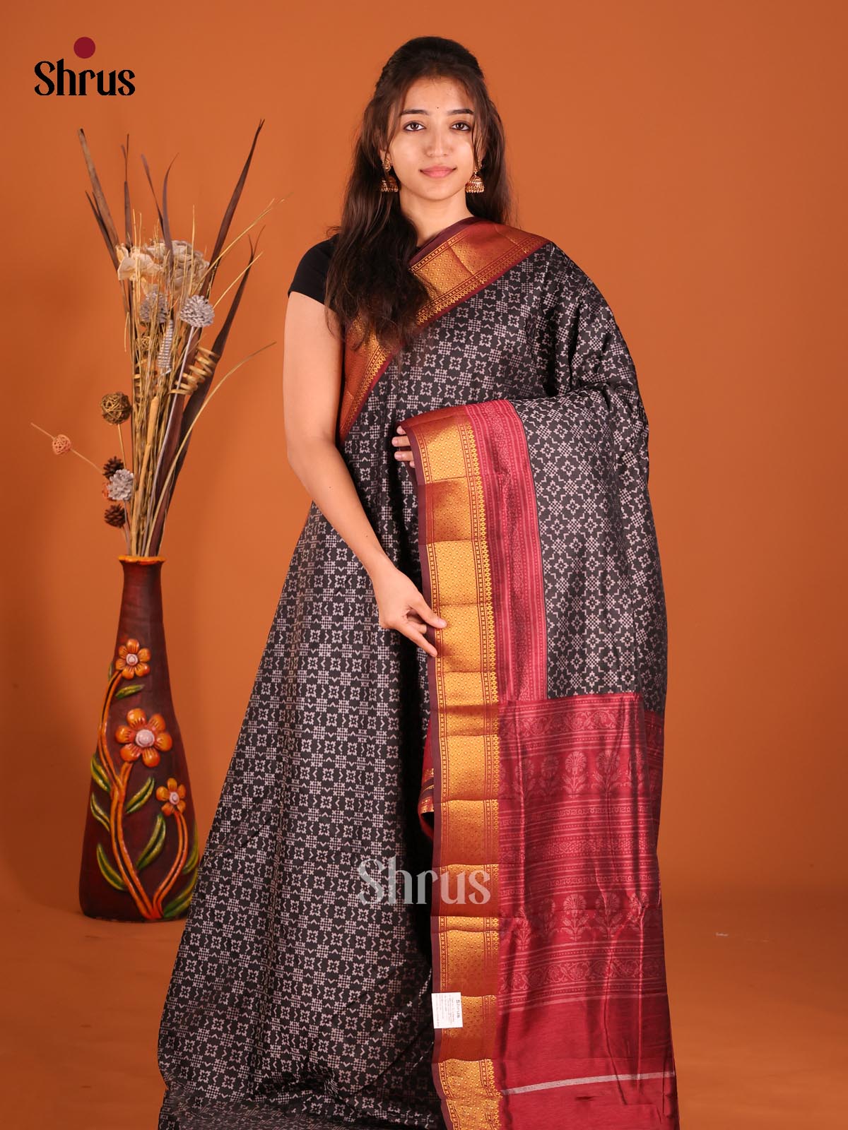 Black & Maroon- Semi Patola Saree
