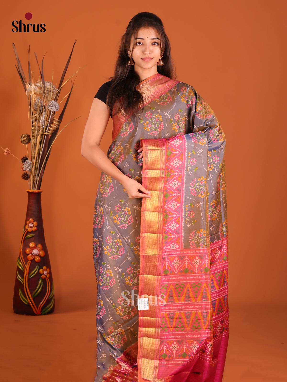 Purple & Orangish Pink- Semi Patola Saree - Shop on Shrus.com