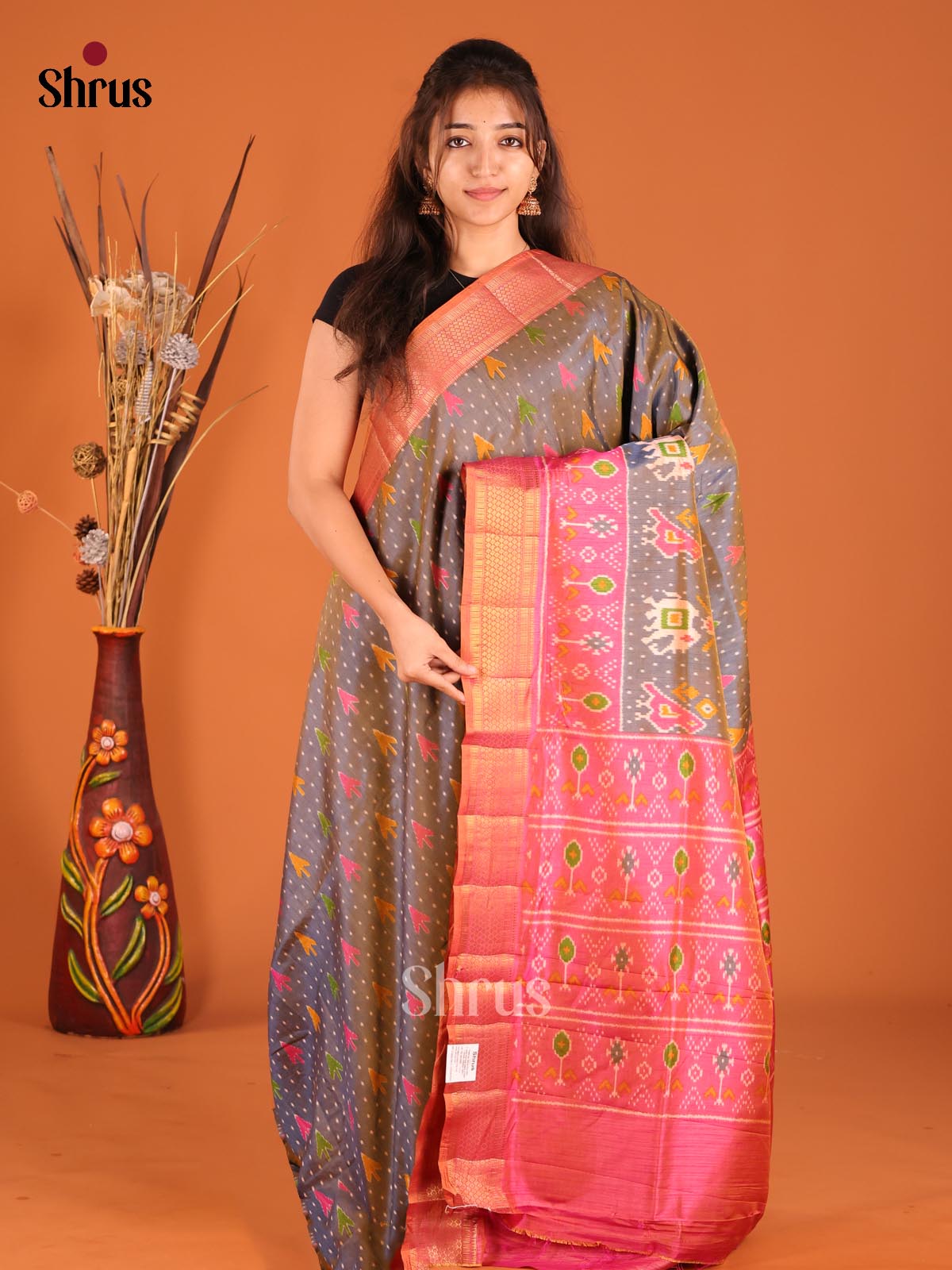 Grey & Orangish Pink- Semi Patola Saree - Shop on Shrus.com