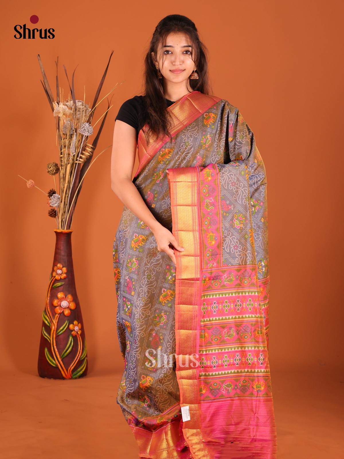 Purple & Brick - Semi Patola Saree - Shop on Shrus.com