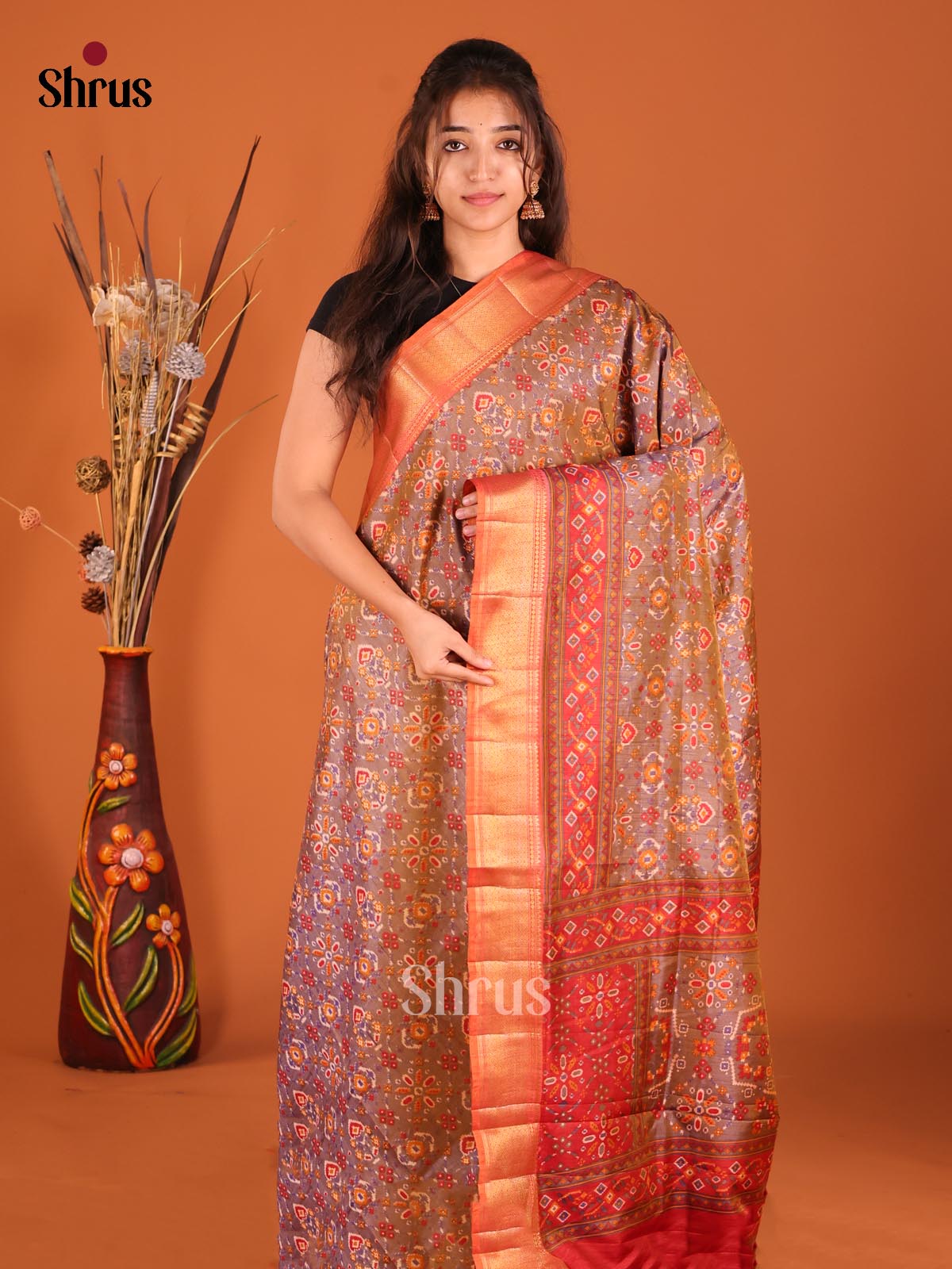 Double Shaded Purple & Brick- Semi Patola Saree - Shop on Shrus.com