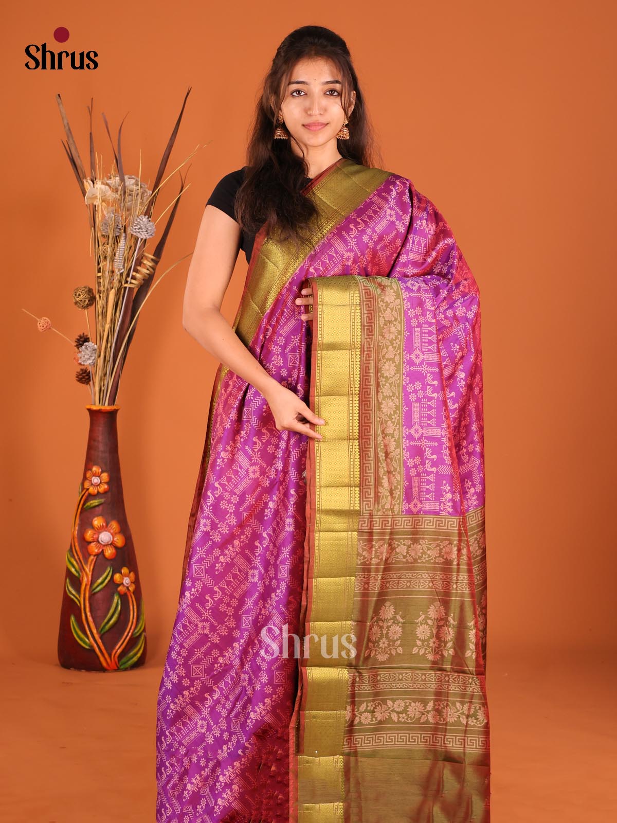 Purple & Army Green - Semi Patola Saree - Shop on Shrus.com