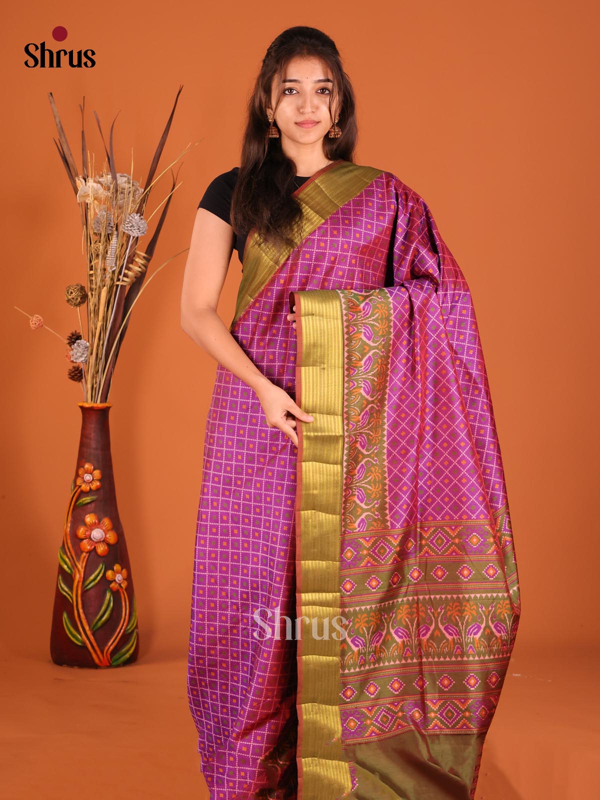 Purple & Army Green- Semi Patola Saree - Shop on Shrus.com