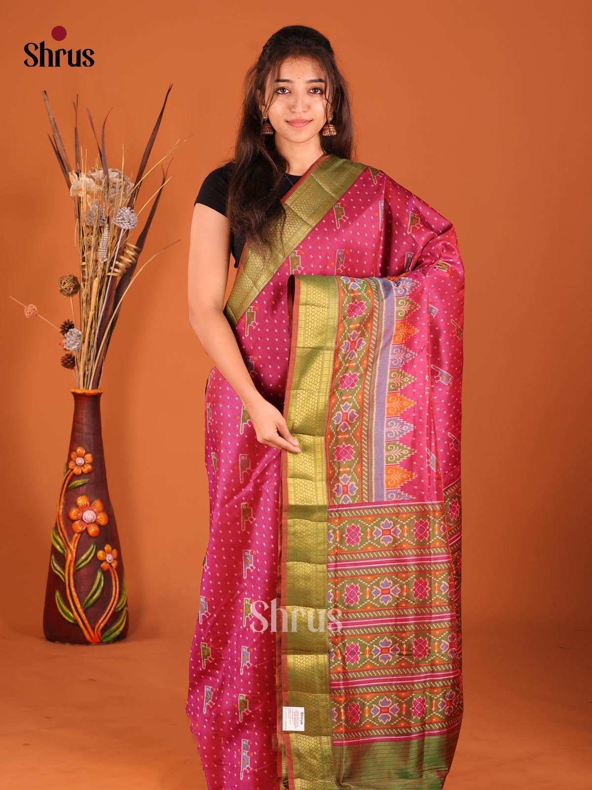 Maroon & Army Green- Semi Patola Saree - Shop on Shrus.com
