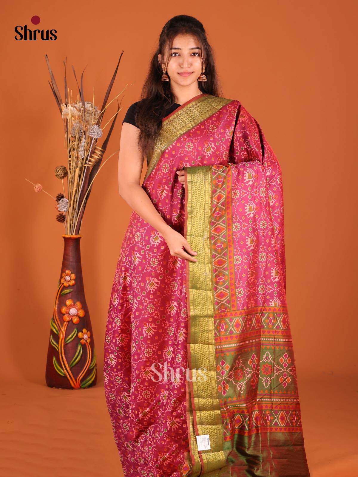 Pink & Army Green - Semi Patola Saree - Shop on Shrus.com