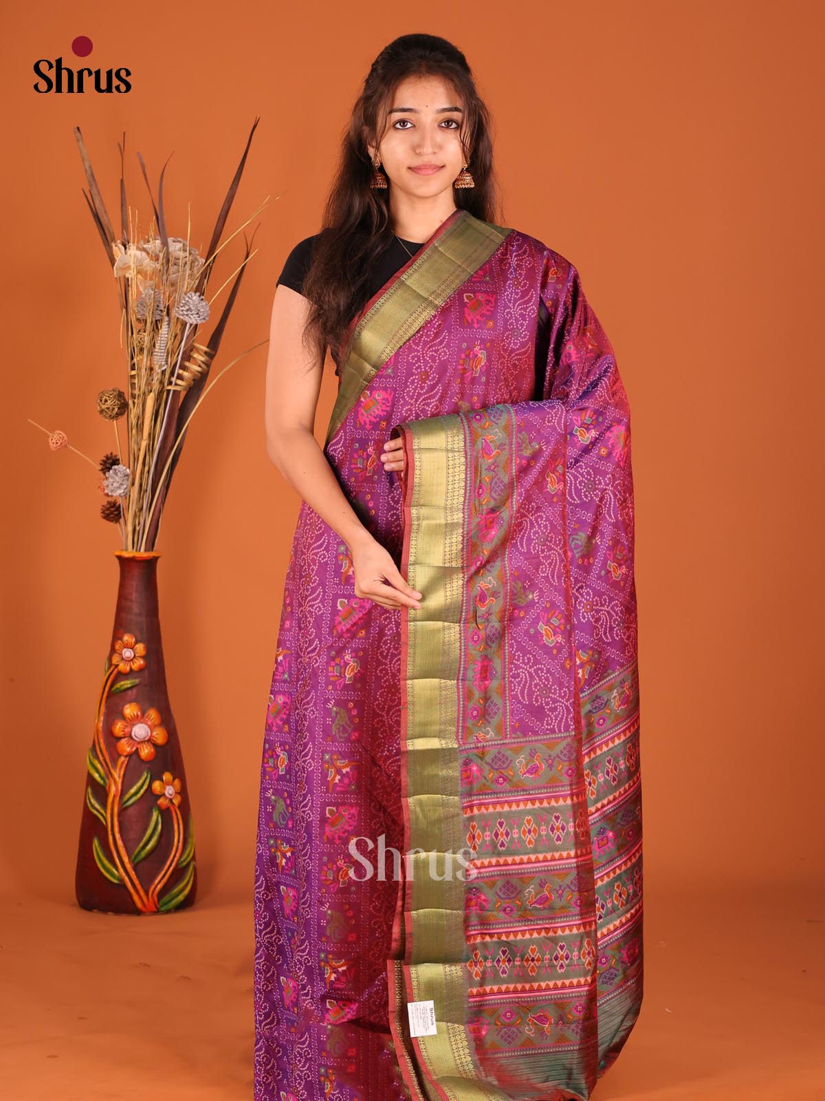 Purple & Double Shaded Green- Semi Patola Saree - Shop on Shrus.com