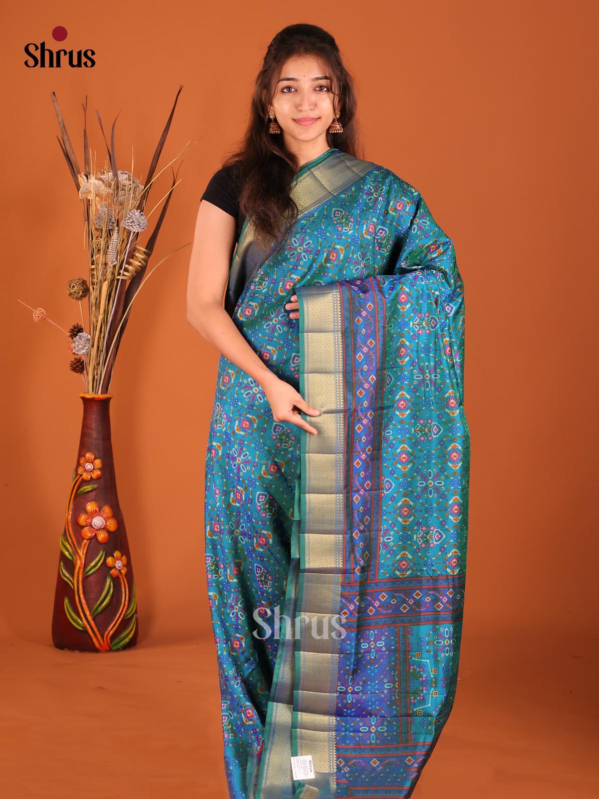 Teal & Blue - Semi Patola Saree - Shop on Shrus.com