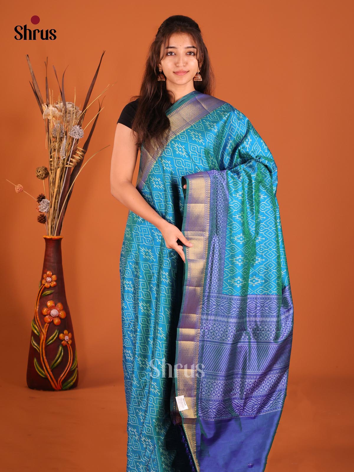 Teal & Blue - Semi Patola Saree - Shop on Shrus.com