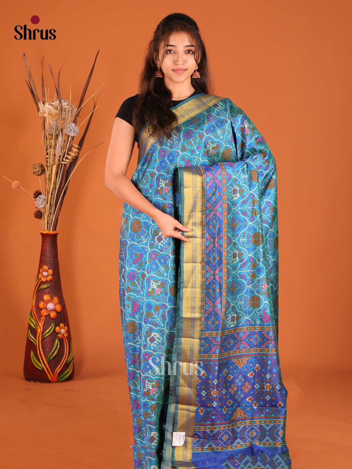 Teal & Blue- Semi Patola Saree - Shop on Shrus.com