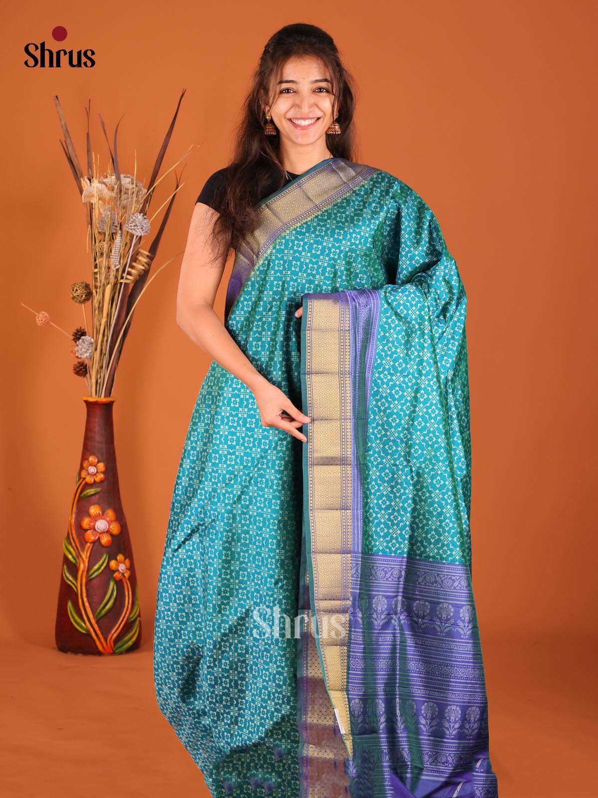 Teal & Blue - Semi Patola Saree - Shop on Shrus.com
