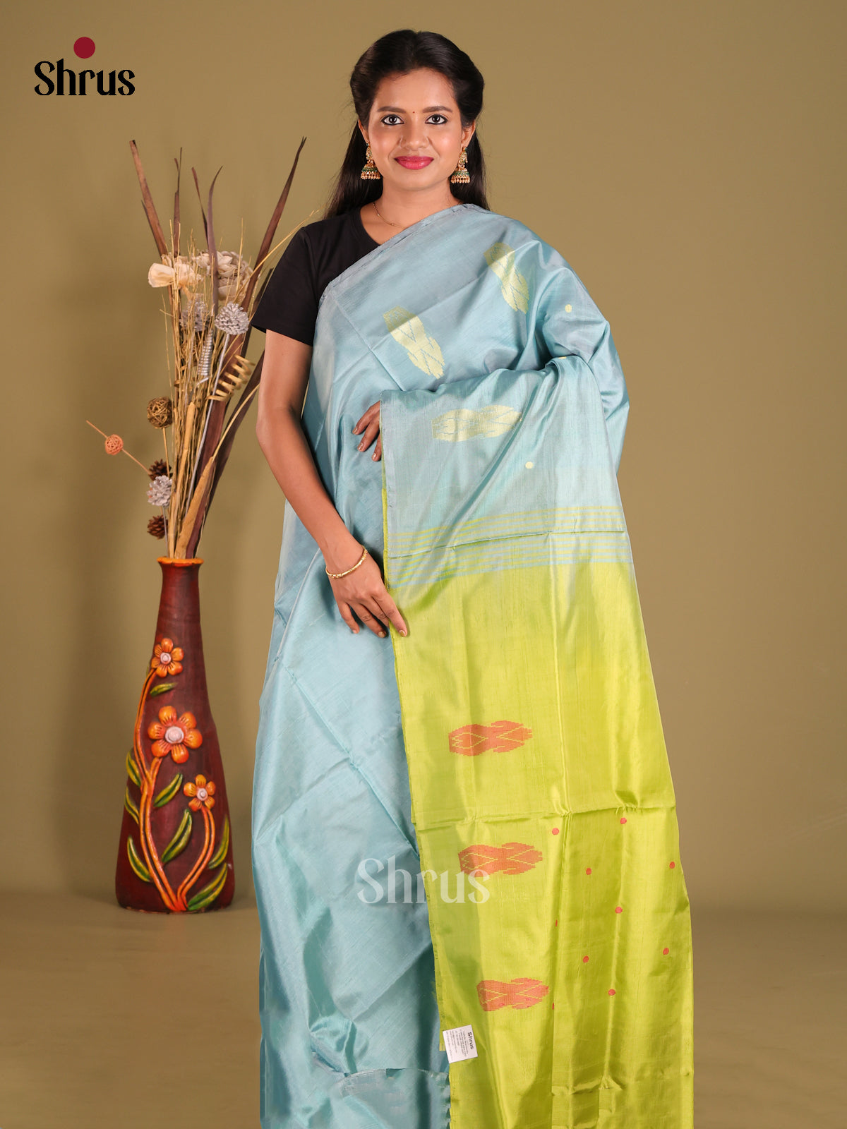 Pastel Blue & Light Green - Banana Pith Saree - Shop on Shrus.com