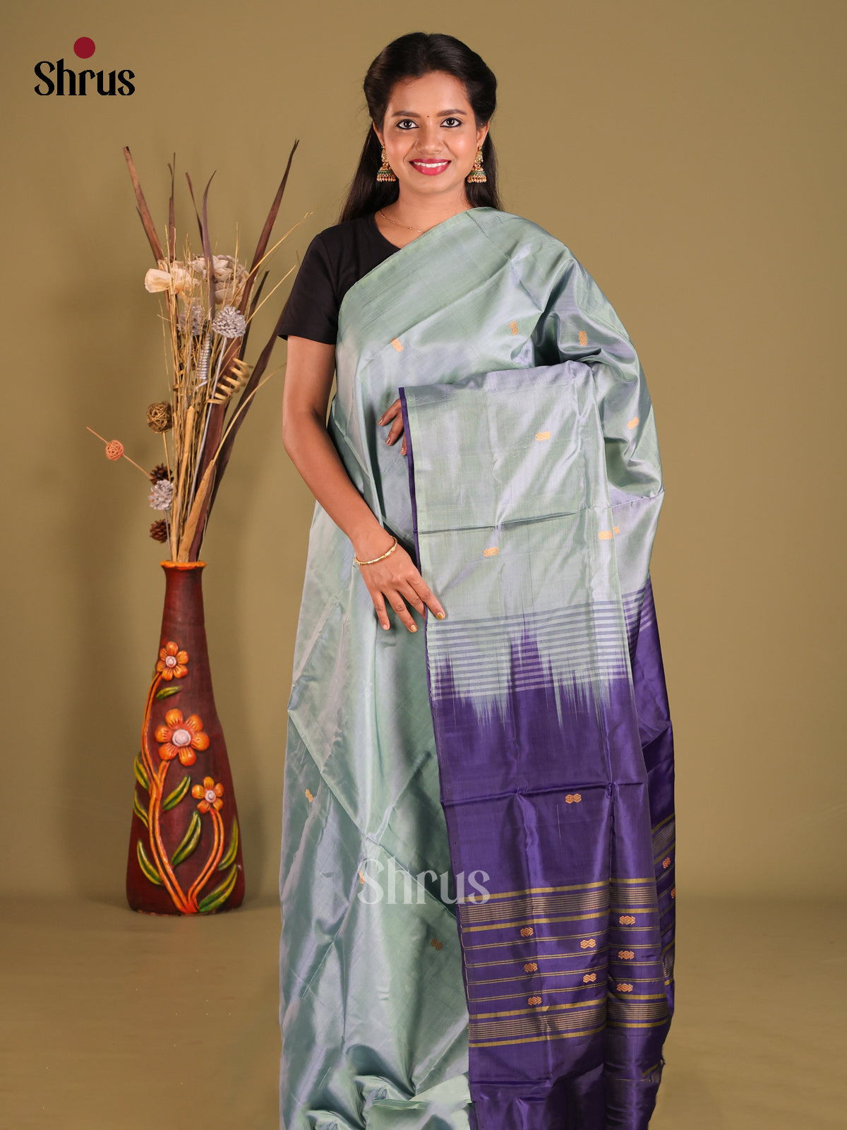 Grey & Blue - Banana Pith Saree - Shop on Shrus.com