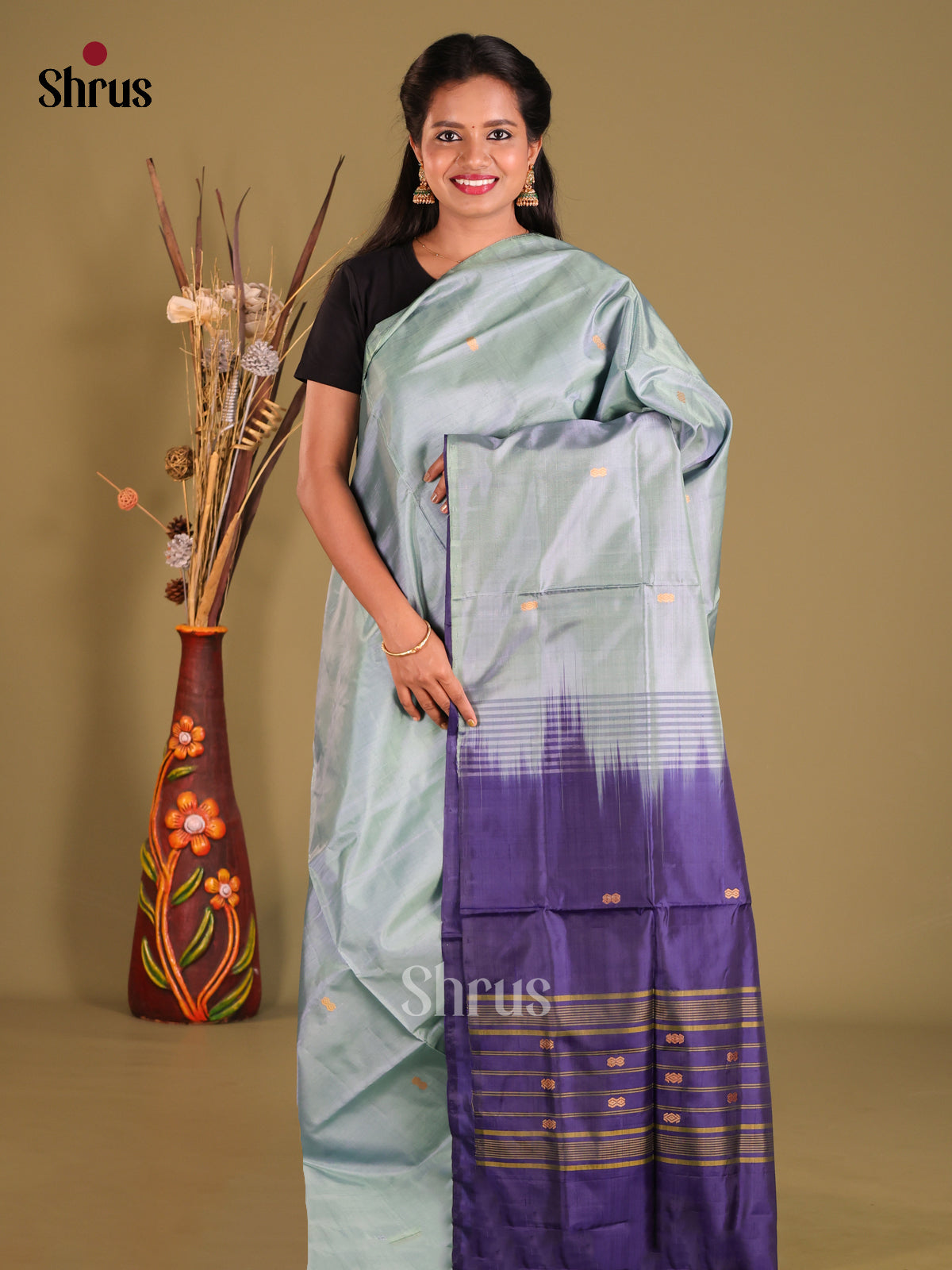 Grey & Blue - Banana Pith Saree - Shop on Shrus.com