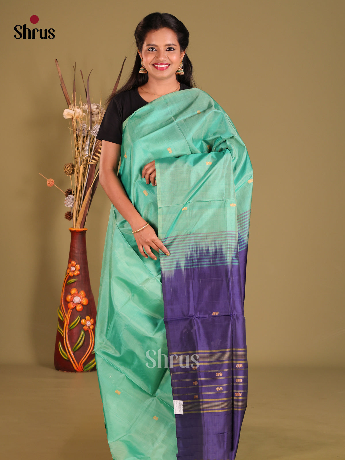 Pastel Green & Blue - Banana Pith Saree - Shop on Shrus.com