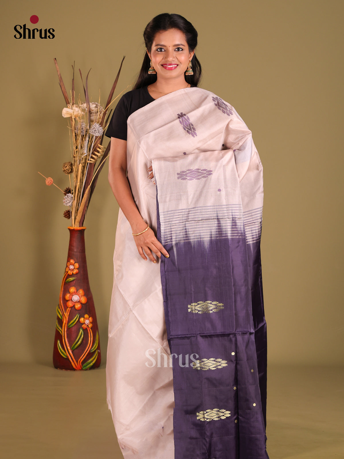 Cream & Blue - Banana Pith Saree