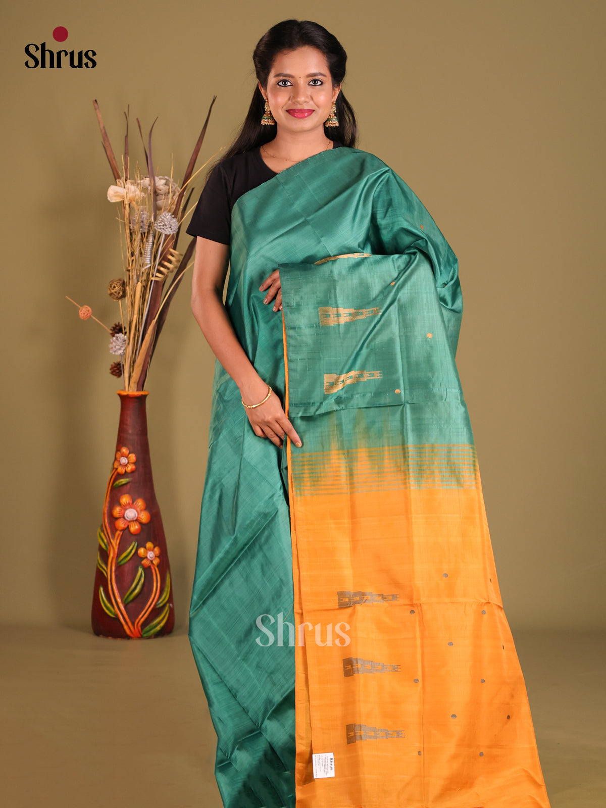 Green & Orange - Banana Pith Saree - Shop on Shrus.com
