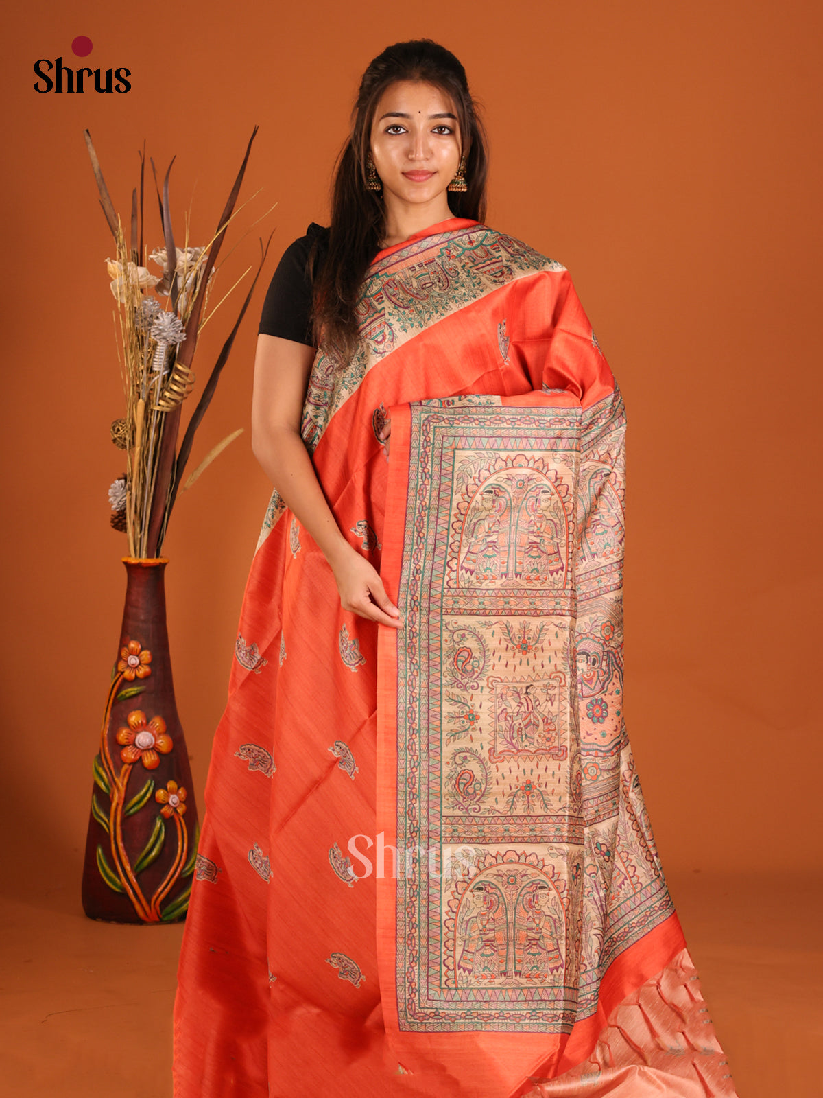 Orange & Cream - Printed Madhubani Saree - Shop on Shrus.com