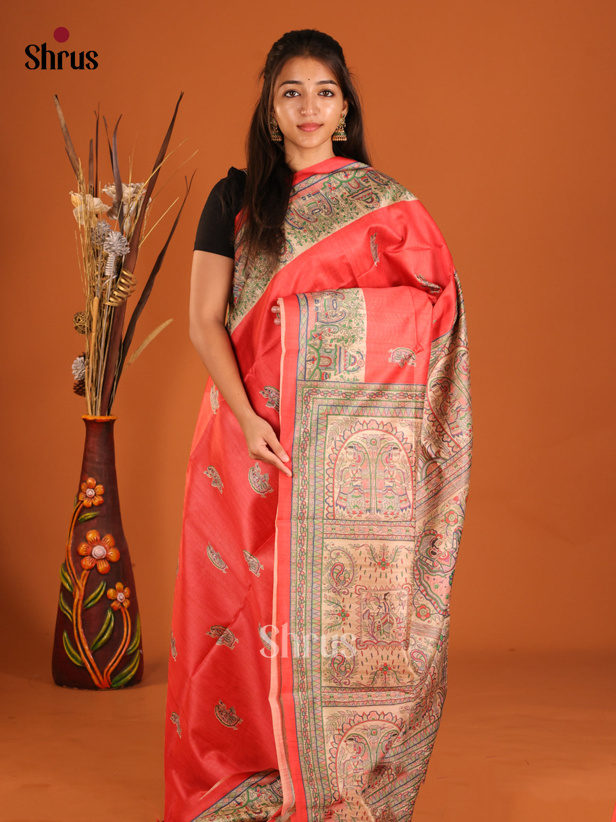 Red & Cream - Printed Madhubani Saree - Shop on Shrus.com
