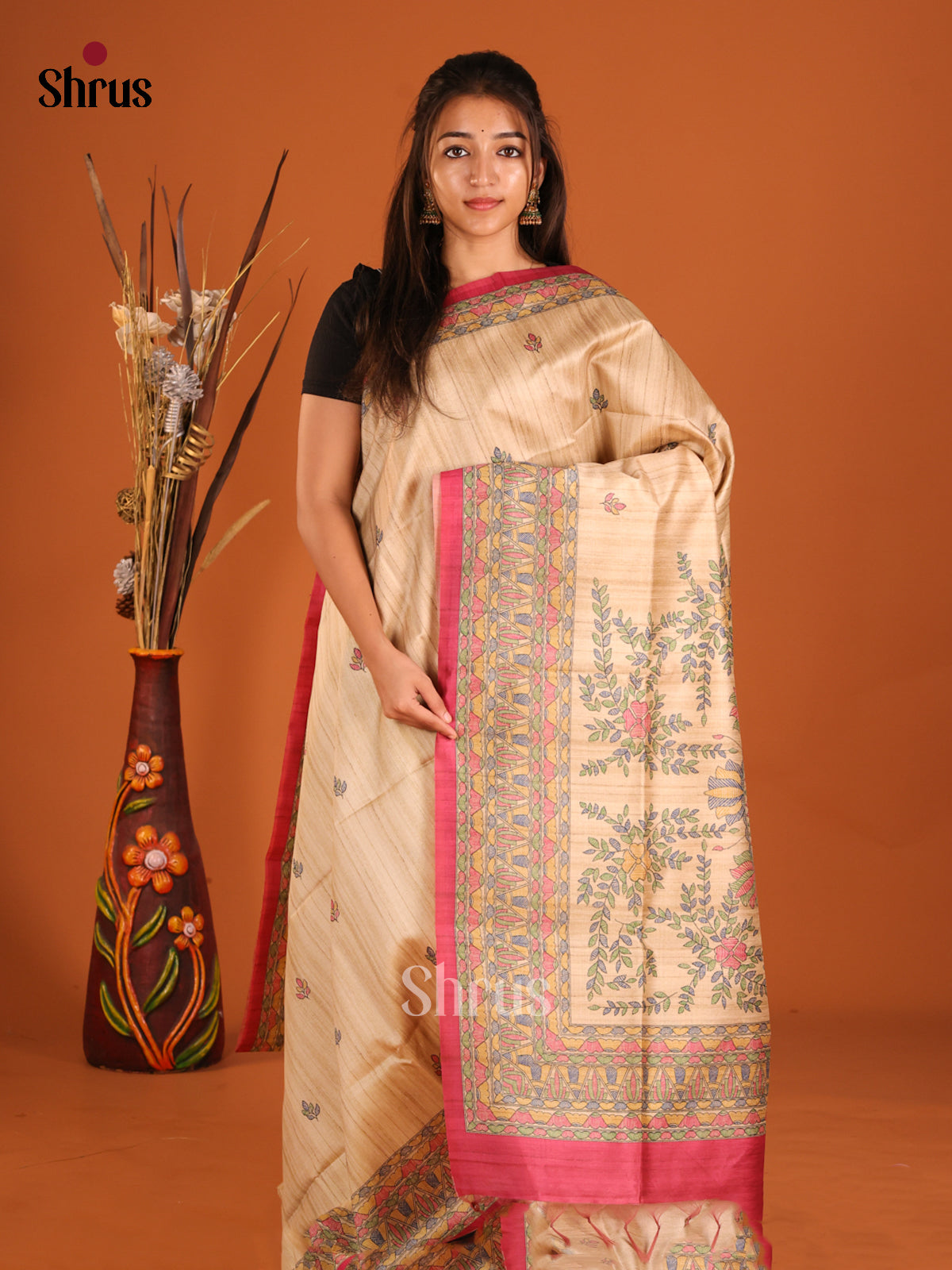 Beige & Red - Printed Madhubani Saree - Shop on Shrus.com