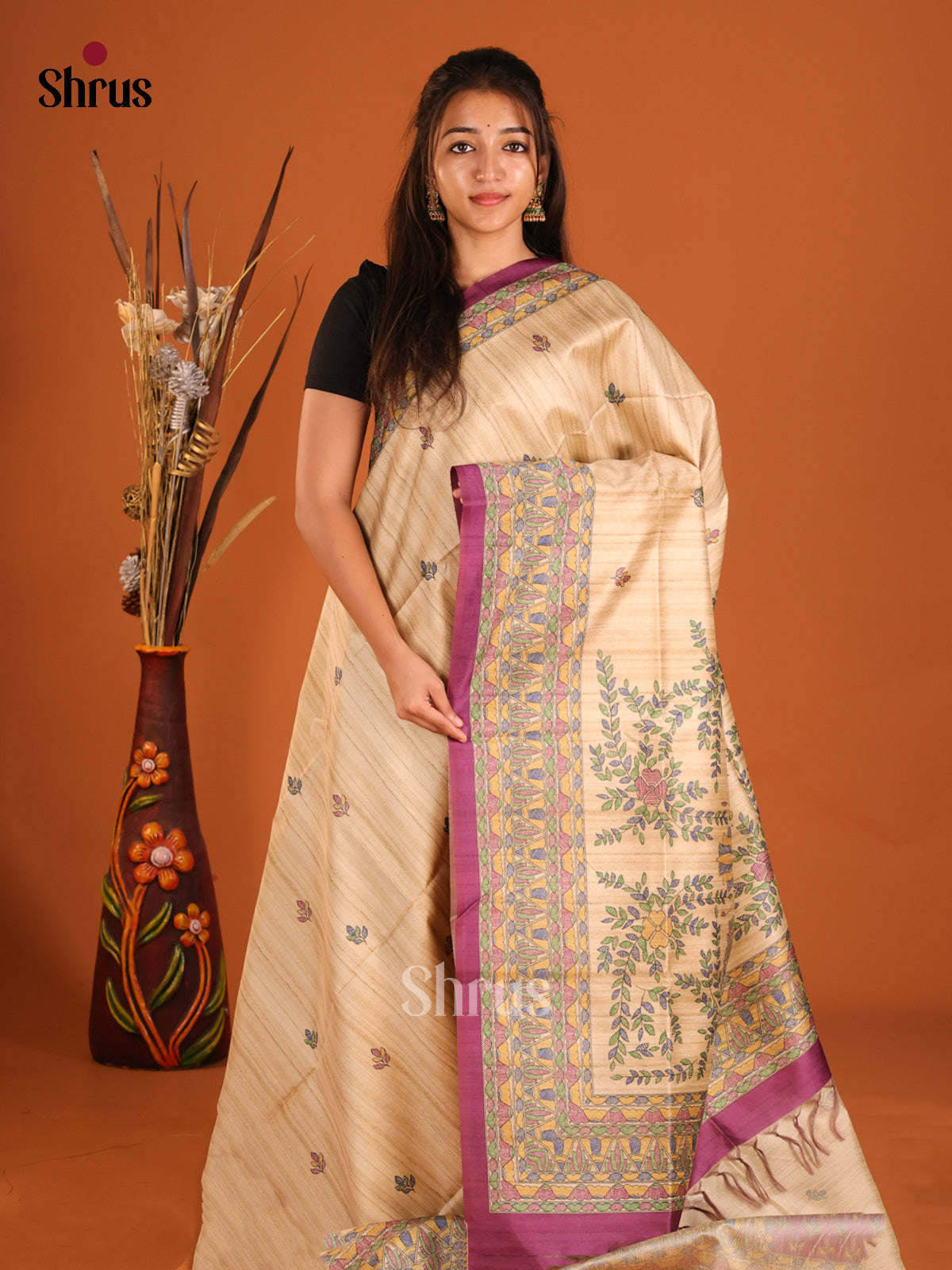 Beige & Purple - Printed Madhubani Saree - Shop on Shrus.com