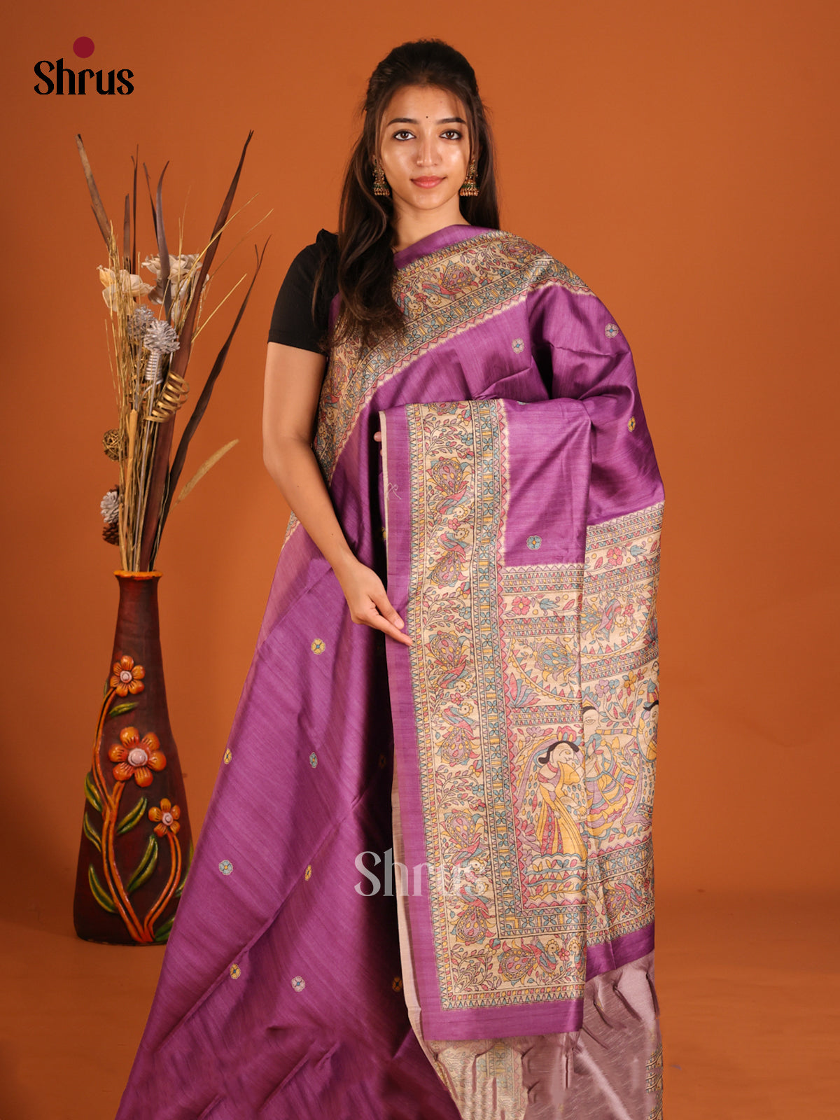 Purple & Cream - Printed Madhubani Saree - Shop on Shrus.com