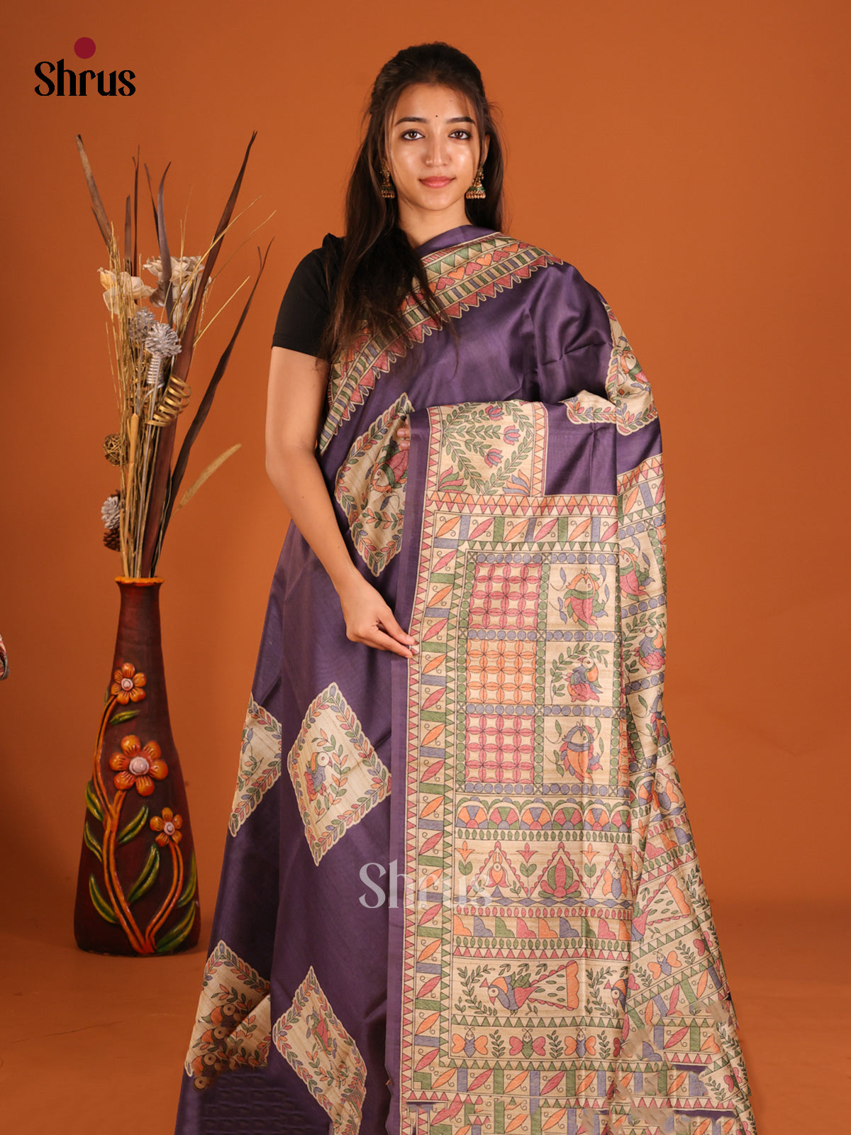 Violet & Cream - Printed Madhubani Saree - Shop on Shrus.com