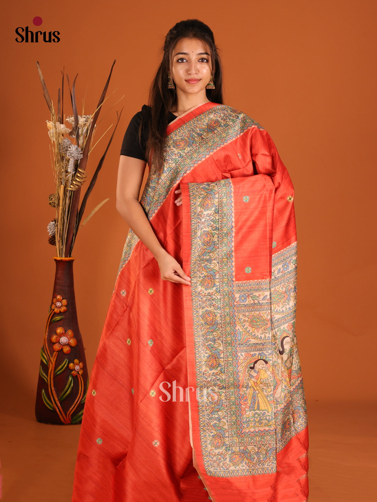 Red - Printed Madhubani Saree - Shop on Shrus.com