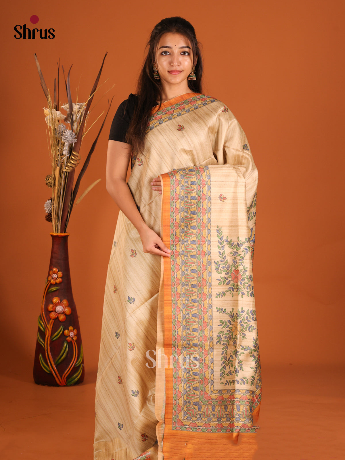 Beige & Orange - Printed Madhubani Saree - Shop on Shrus.com