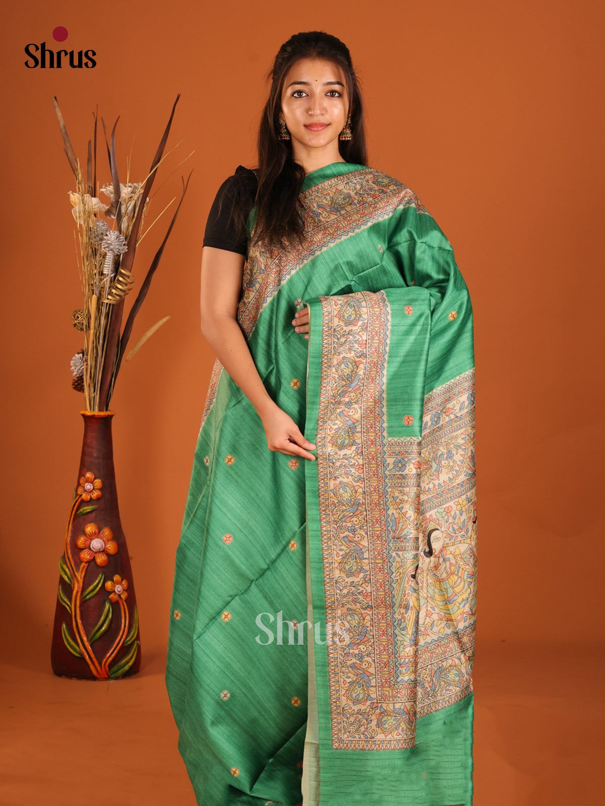 Green & Cream  - Printed Madhubani Saree - Shop on Shrus.com
