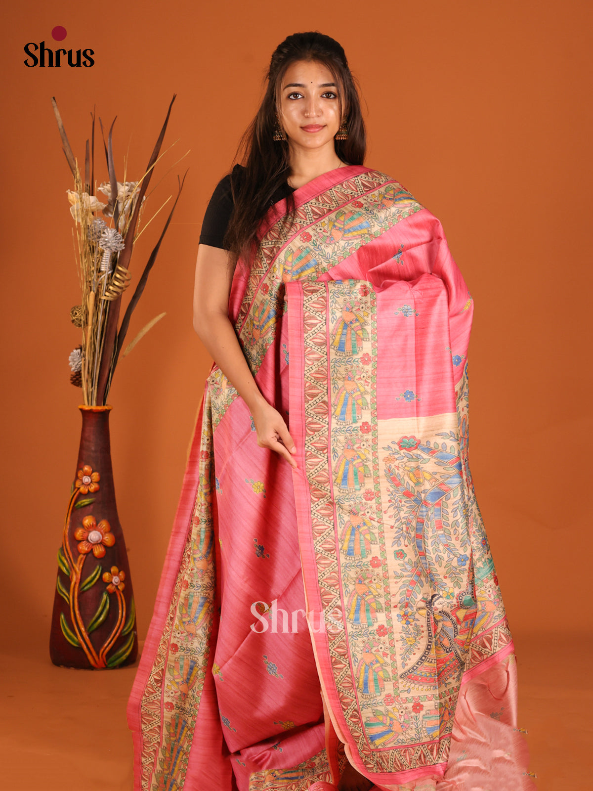 Pink & Cream - Printed Madhubani Saree - Shop on Shrus.com