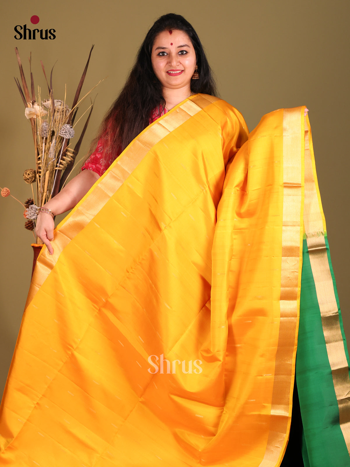 Yellow & Green Soft Silk Saree gleams with  zari buttas - Shop on Shrus.com