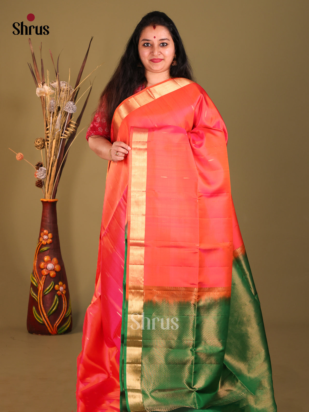 Orangish Pink Soft Silk Saree with contrast zari brocade pallu-1