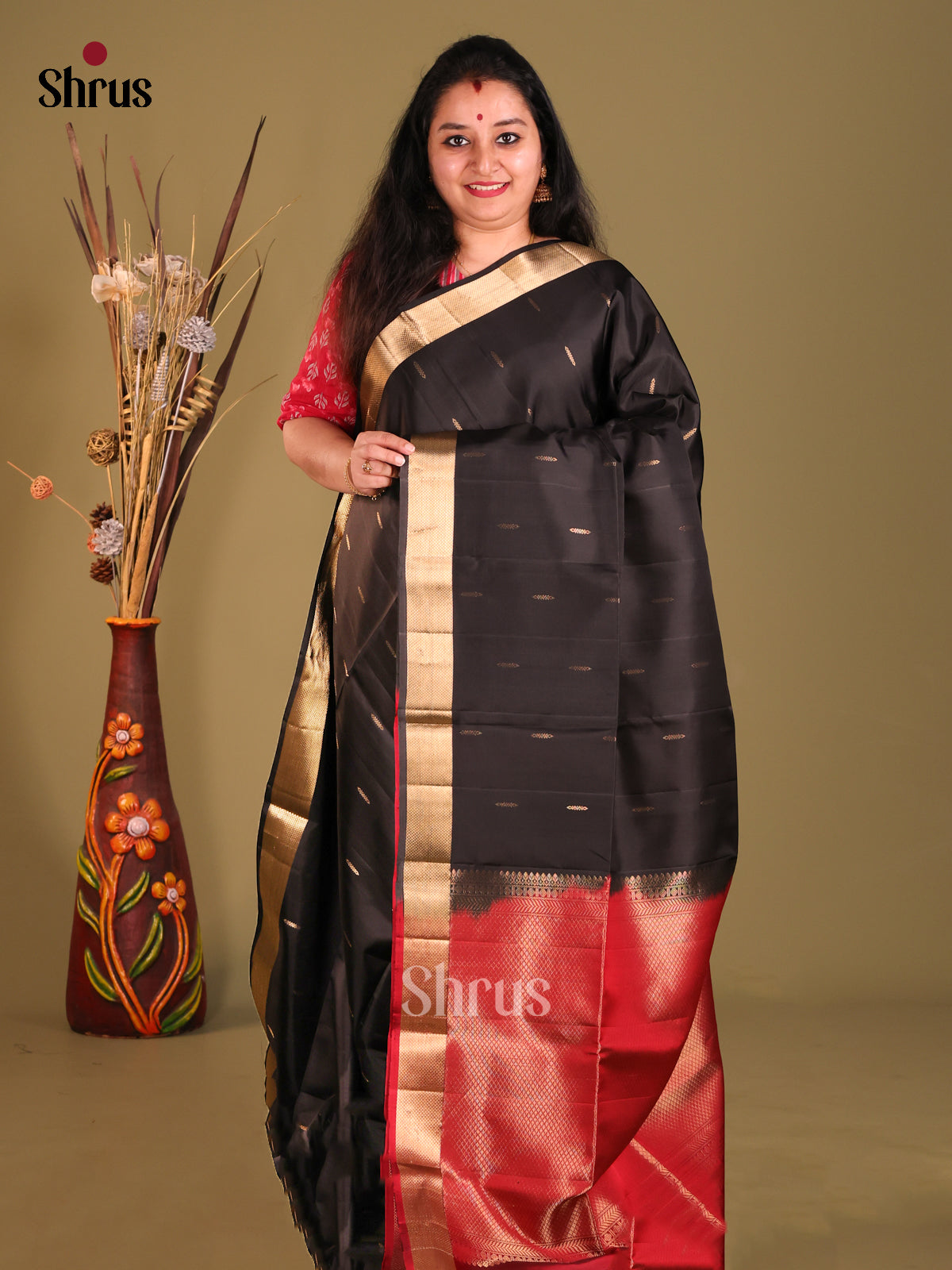 Black & Maroon Soft Silk Saree with zari buttas, brocade pallu-1