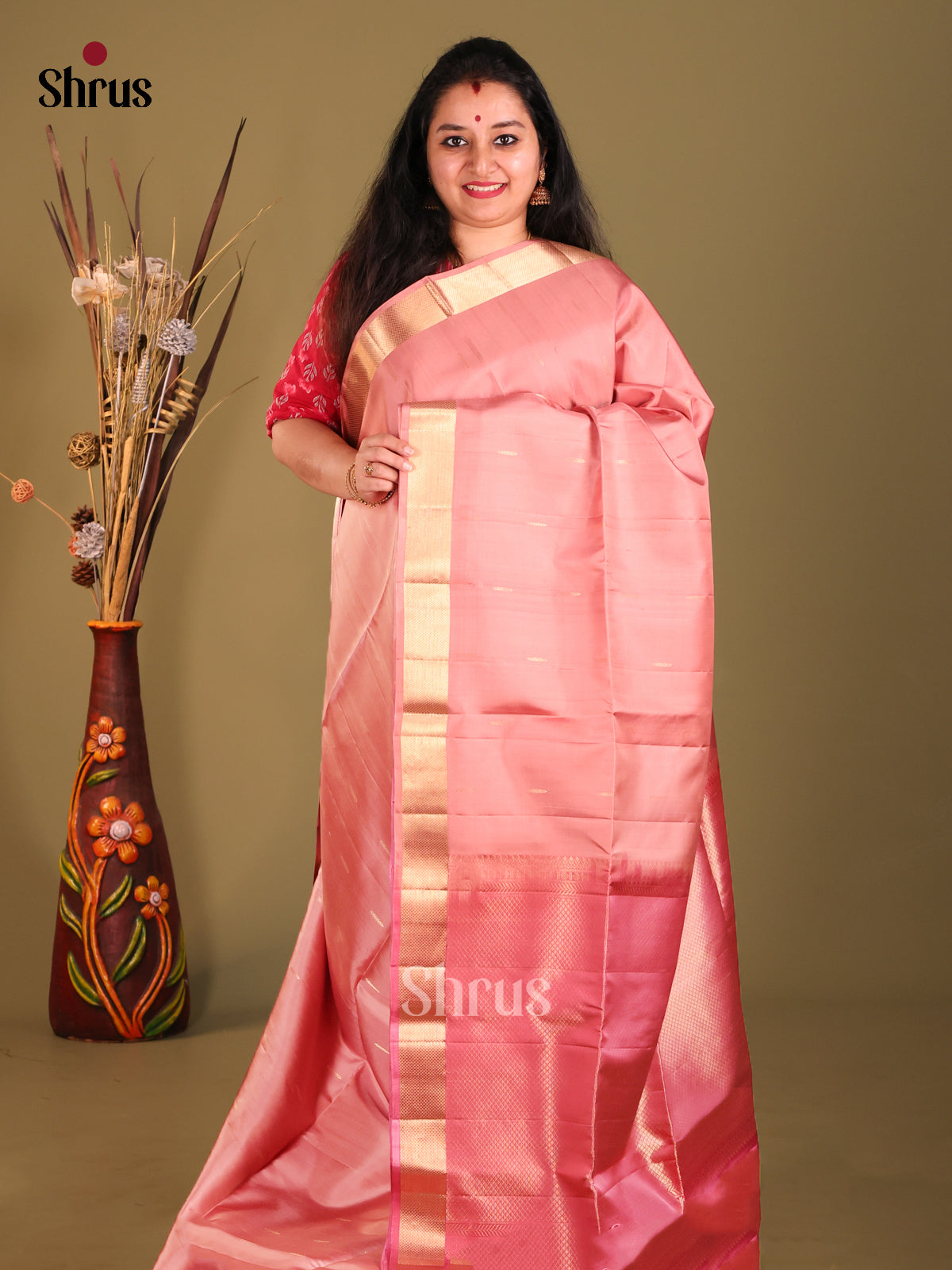 Charming Pink Soft Silk Saree gleams with gold zari buttas-1