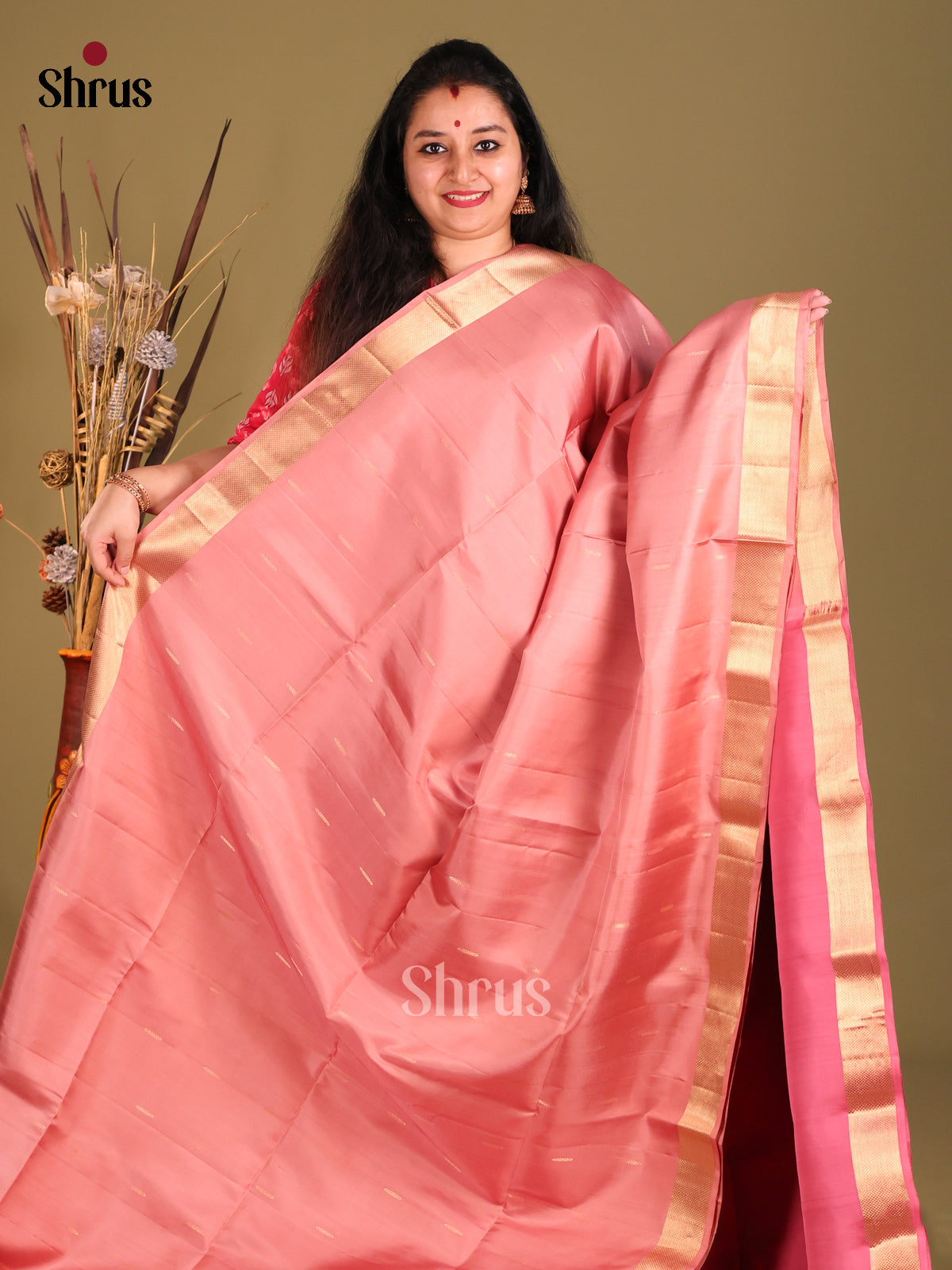 Charming Pink Soft Silk Saree gleams with gold zari buttas-2