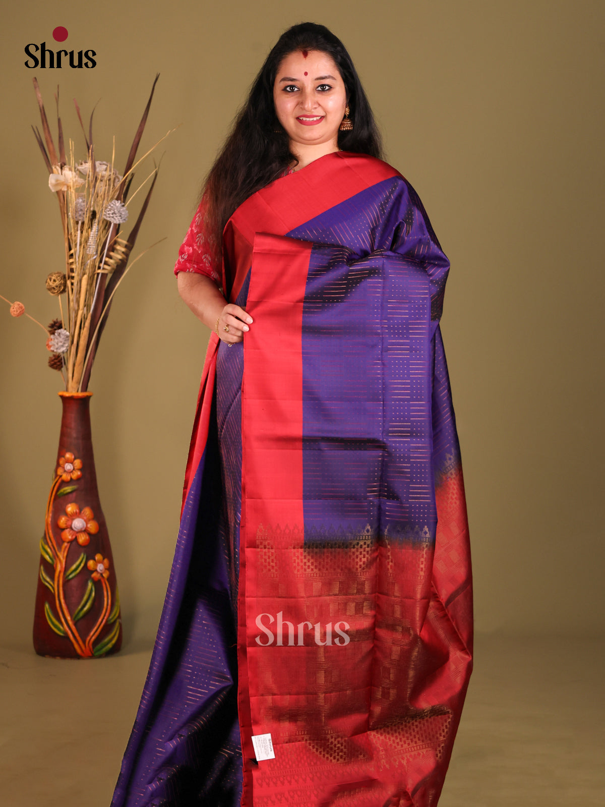 Blue & Red Soft Silk Saree with zari stripes block buttas