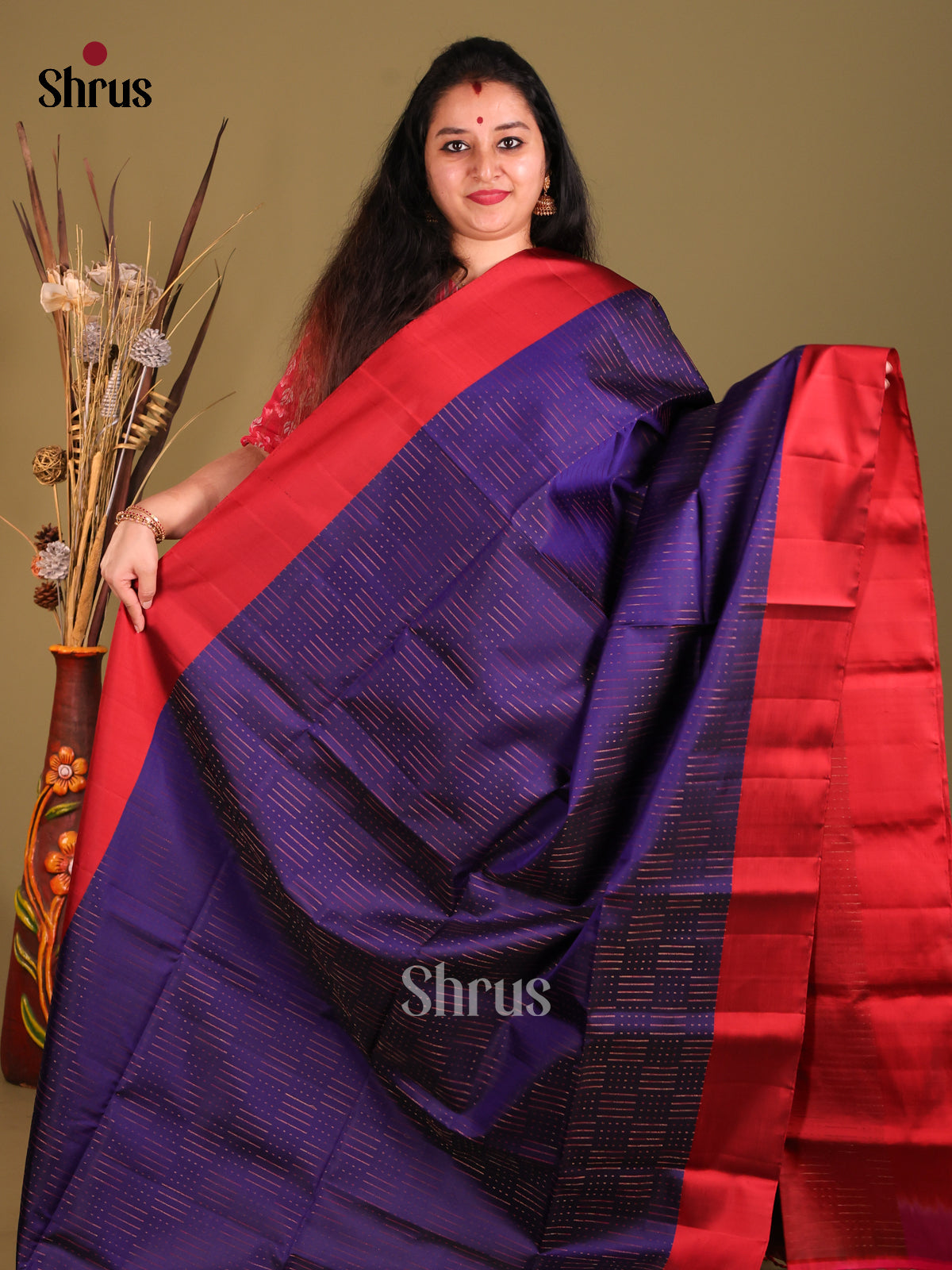 Blue & Red Soft Silk Saree with zari stripes block buttas