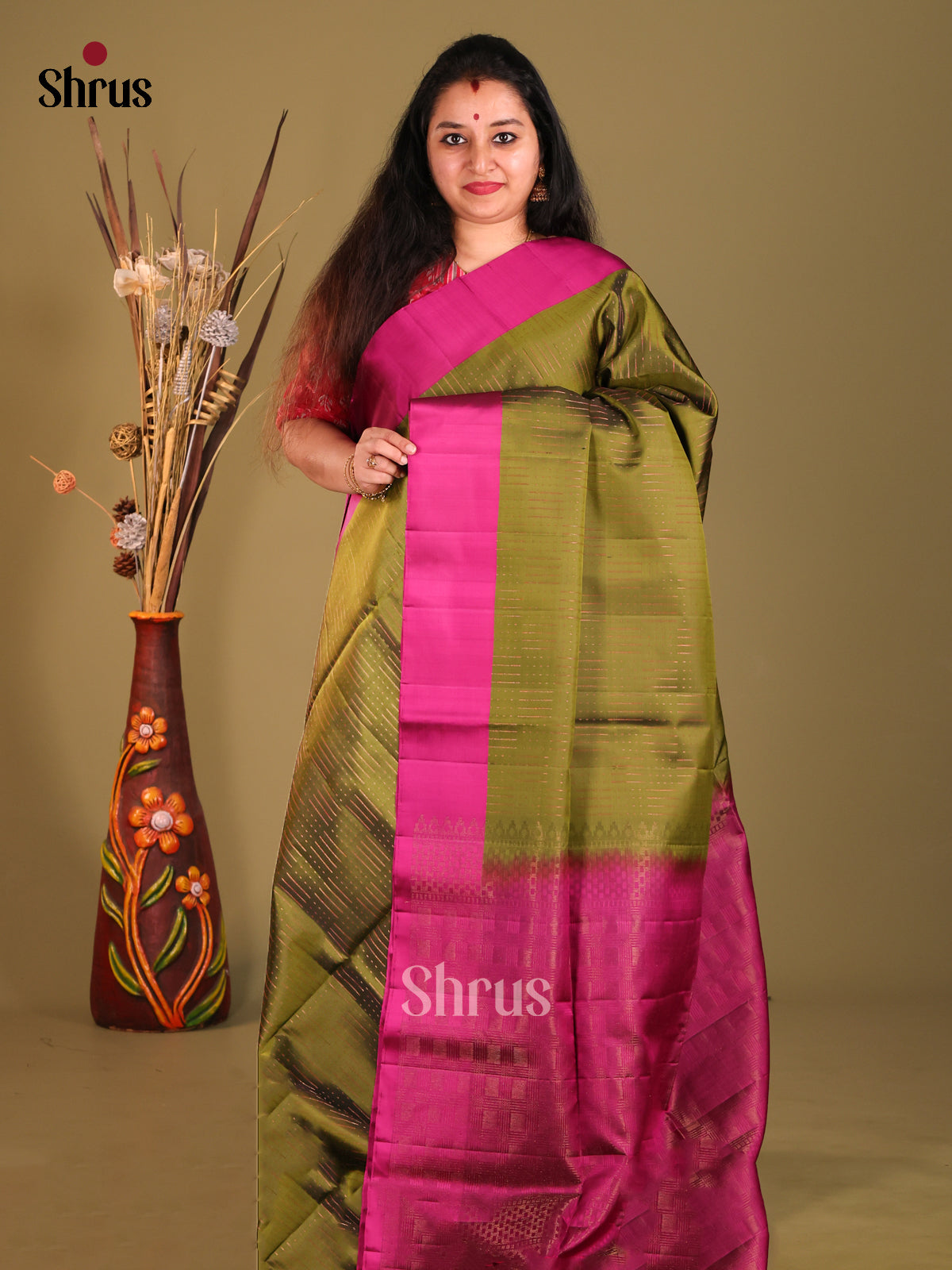 Green & Purple Soft Silk Saree with zari stipes block buttas-1
