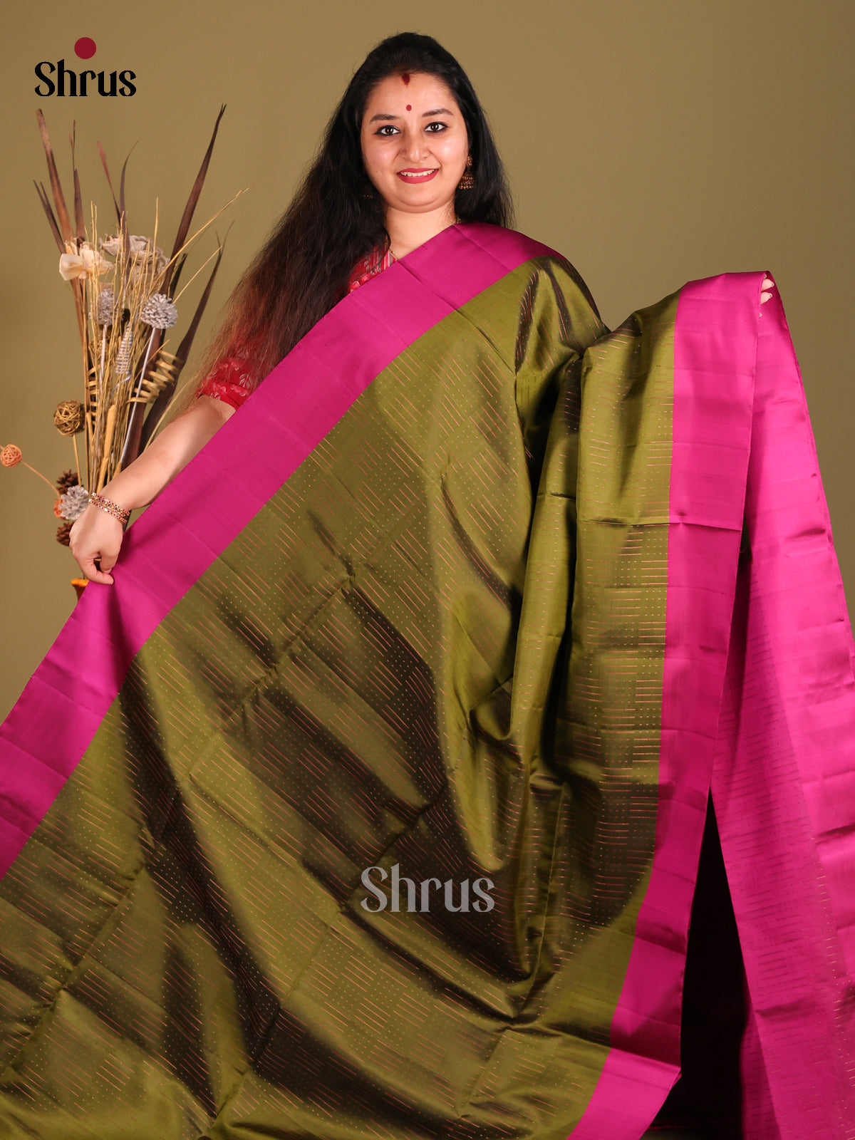 Green & Purple Soft Silk Saree with zari stipes block buttas-2