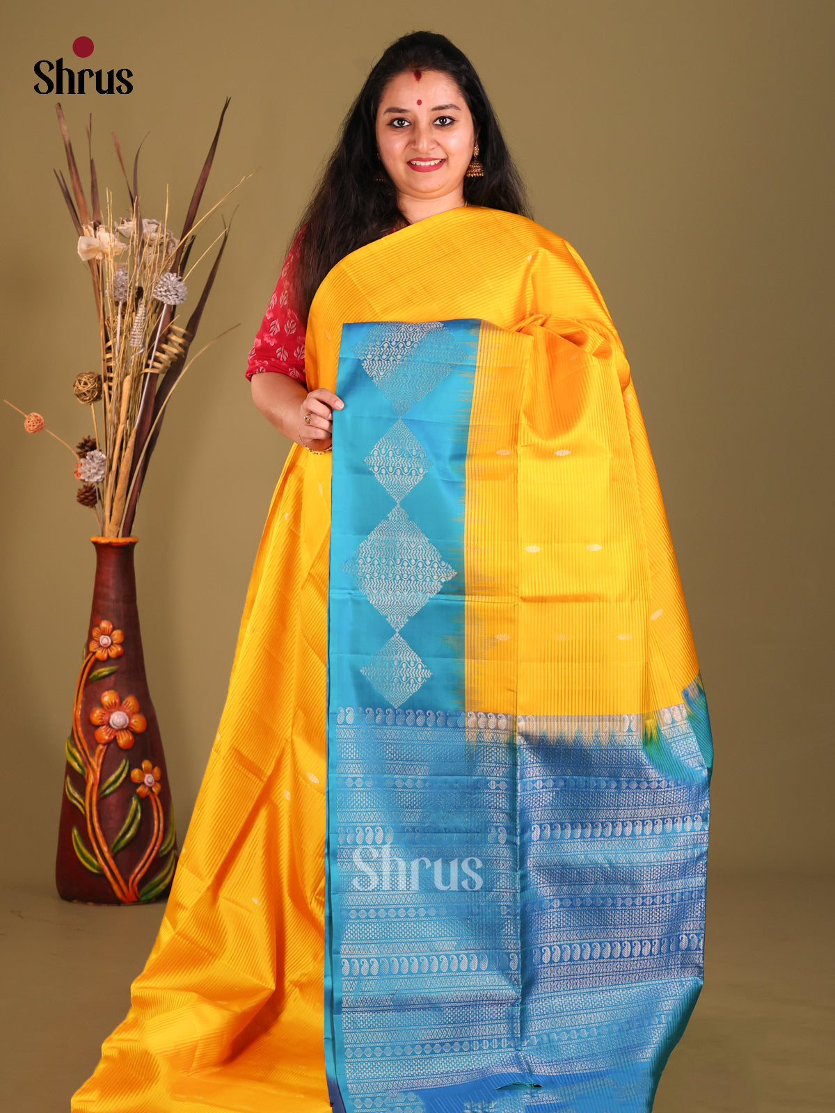 Yellow & Blue Soft Silk Saree with contrast zari brocade pallu-1