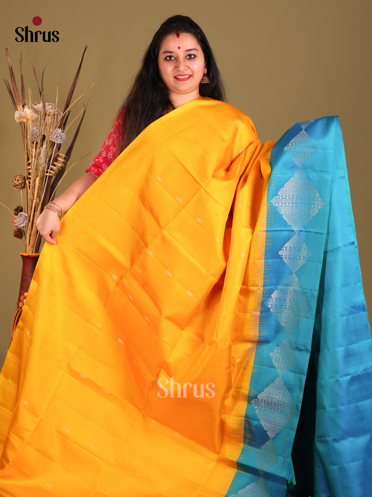 Yellow & Blue Soft Silk Saree with contrast zari brocade pallu-2