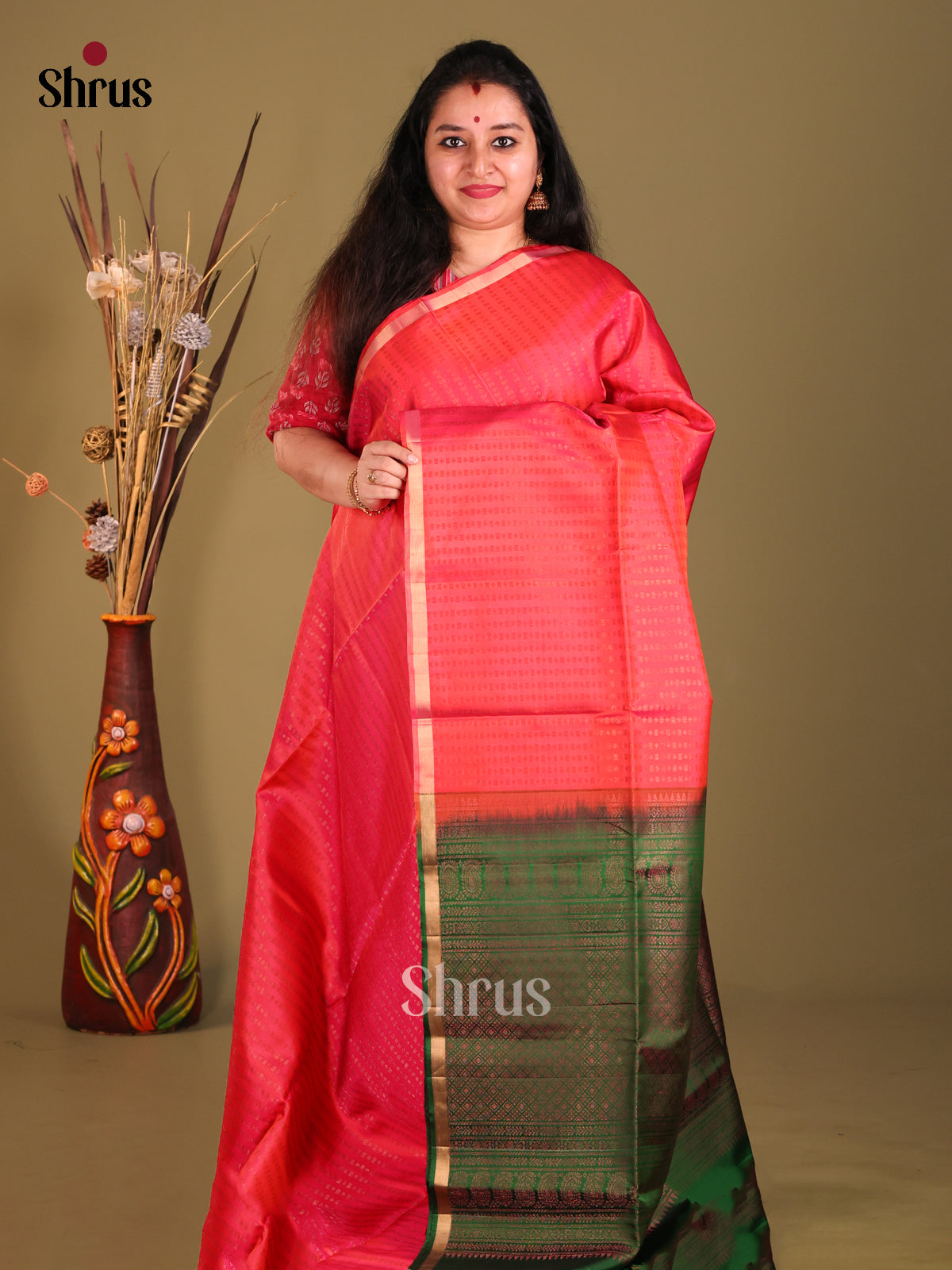 Orangish Pink & Green Soft Silk Saree with zari stripes-1
