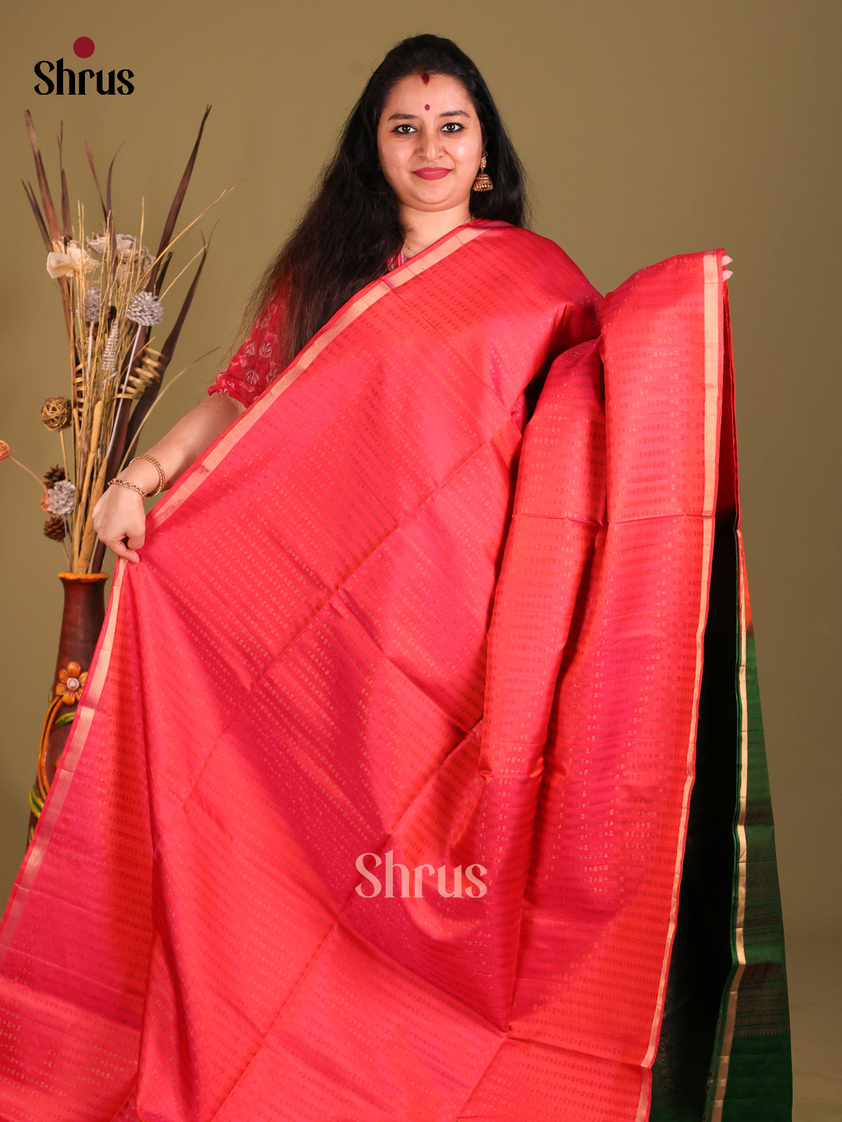 Orangish Pink & Green Soft Silk Saree with zari stripes-2