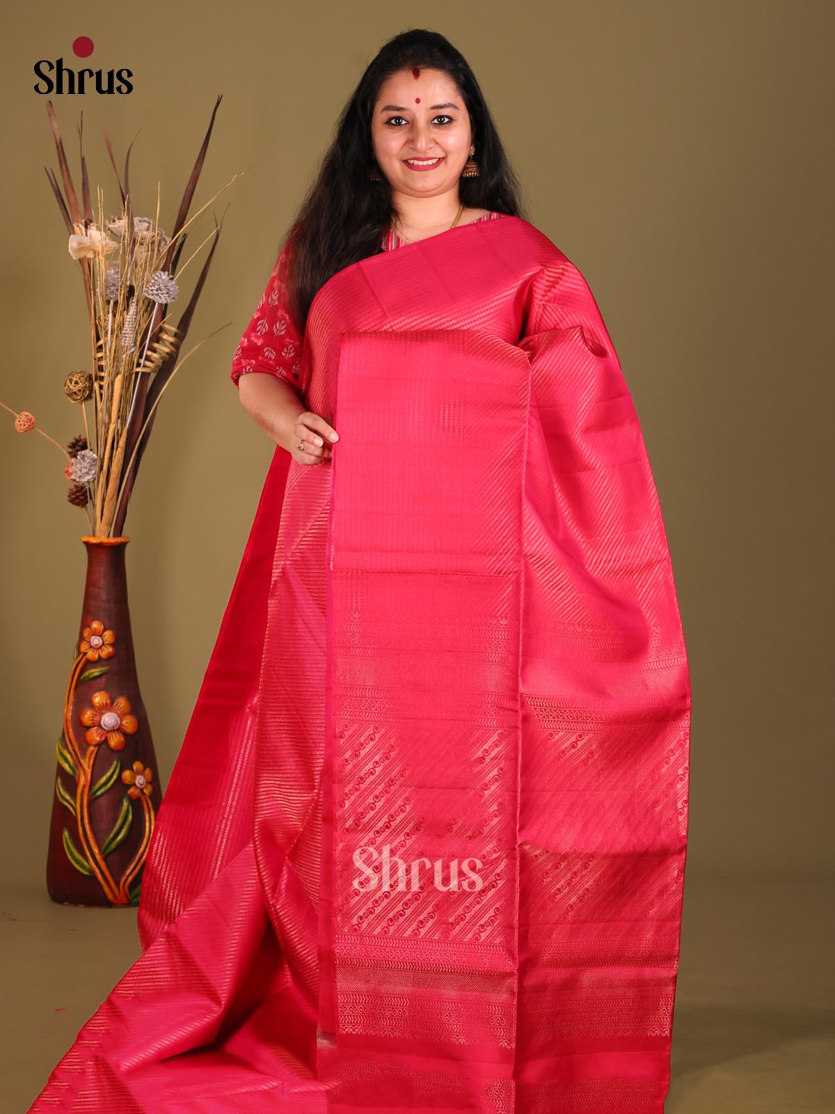 Pink Single Tone Soft Silk Saree with zari diagonal stripes-1