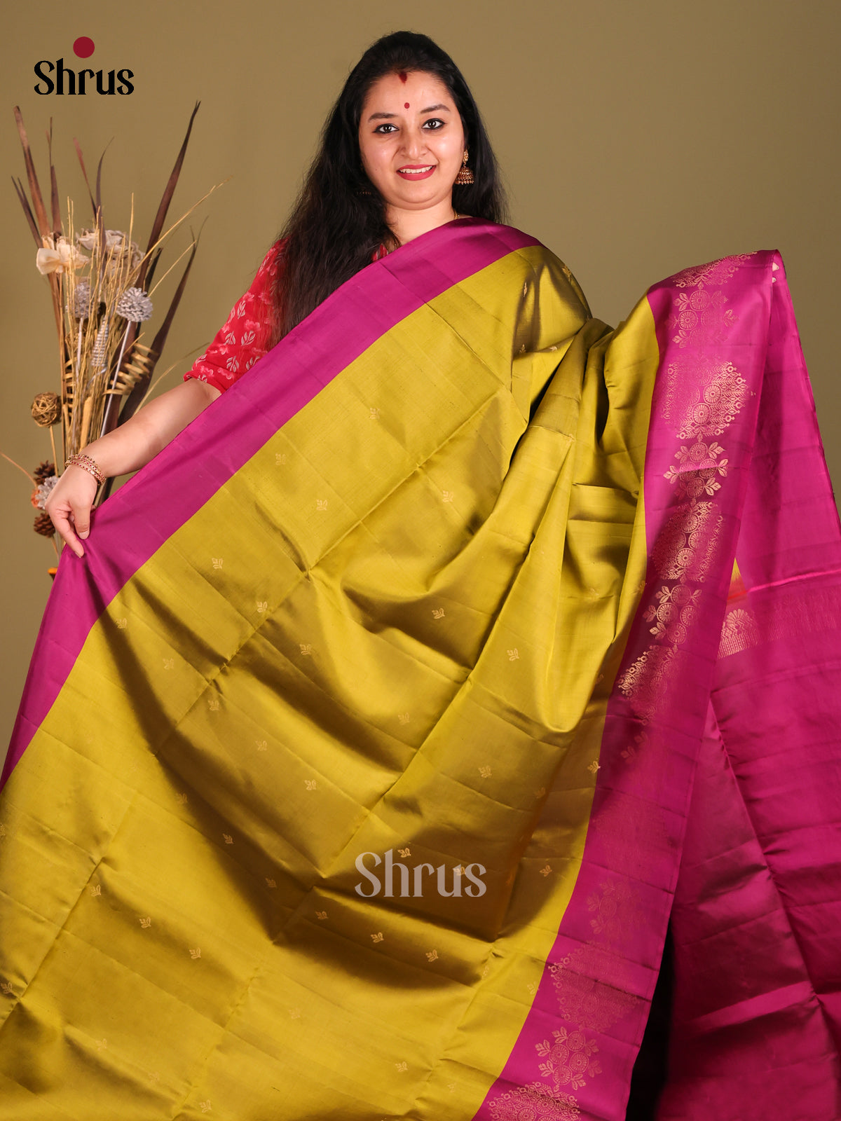 Mustardy Green & Maroon Soft Silk Saree gleams with gold zari buttas-2